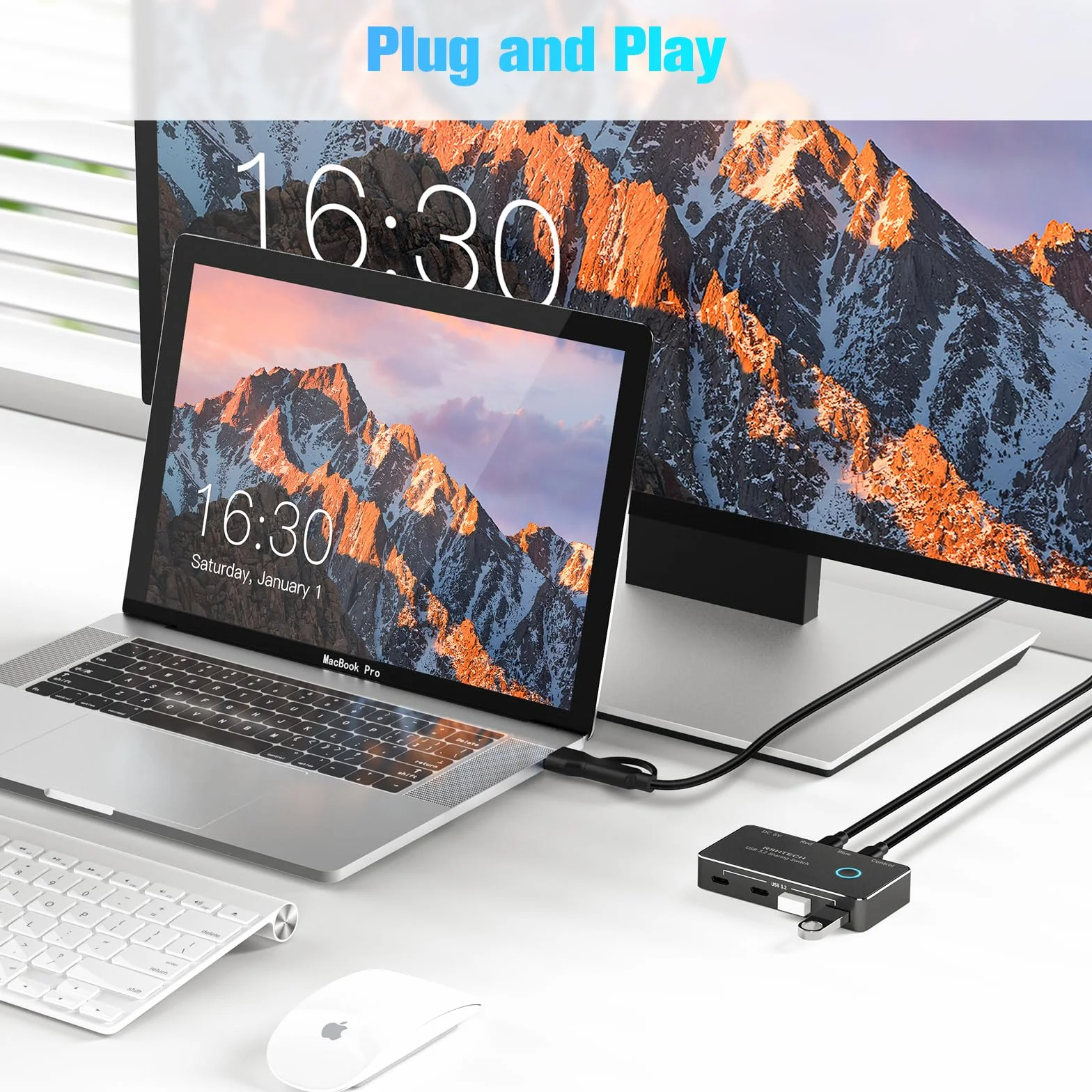 RSHTECH Przełącznik Kvm 10 Gbps 2 PC 2 monitory – USB 3.2 przełącznik 2 w 1 out, przełącznik USB z 2 typami A i 2 typami C – w zestawie kontroler do komputera stacjonarnego i 2 kable do transmisji