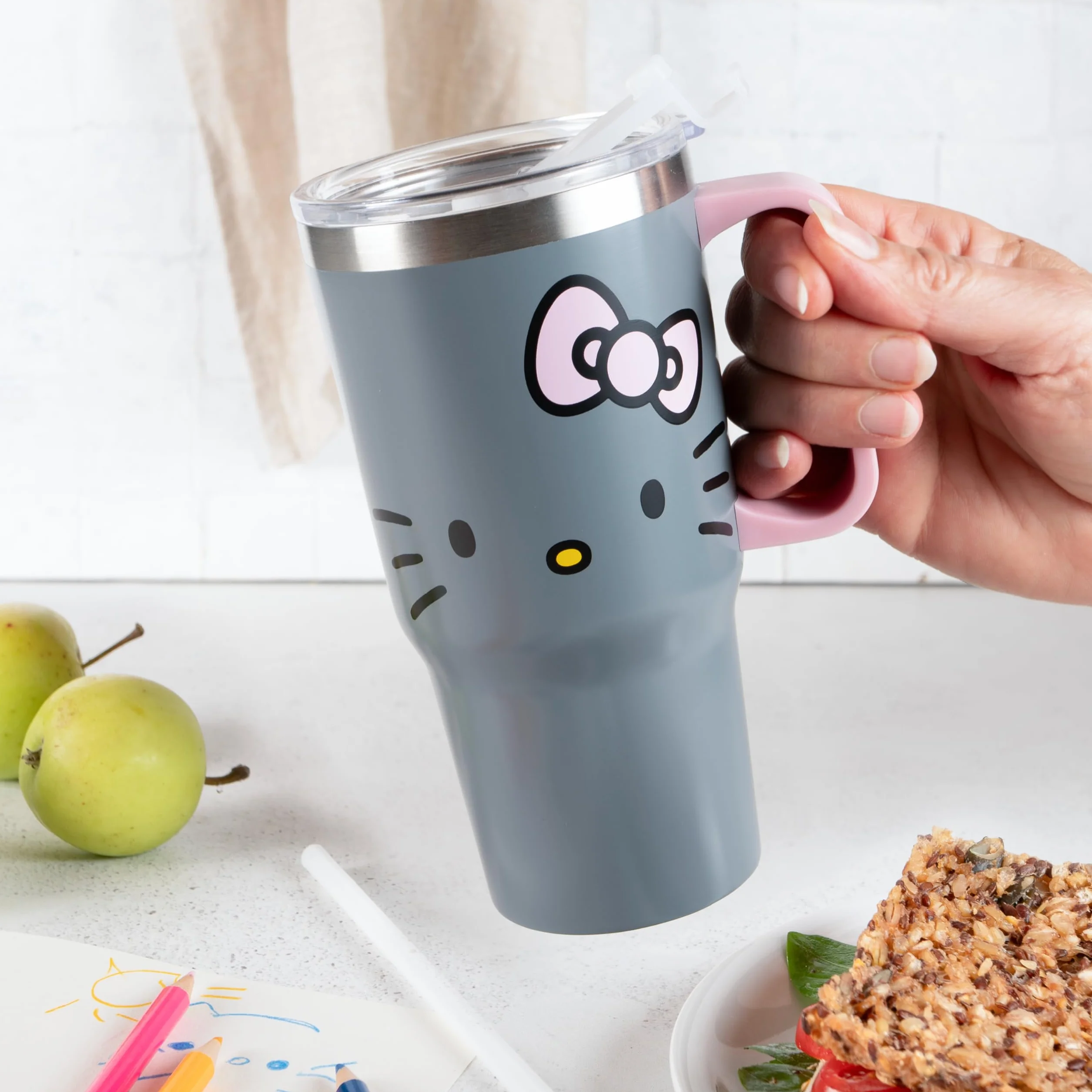Hello Kitty kubek do picia 540 ml z pokrywką i słomką, szary dla dzieci