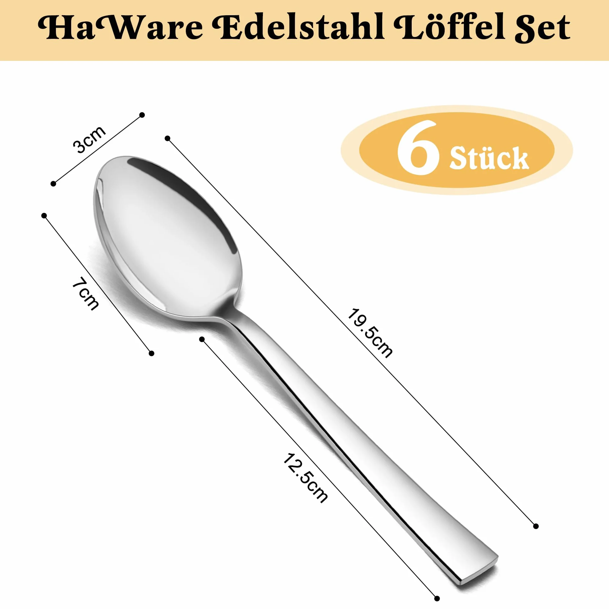 HaWare łyżki do jadalni, zestaw 6 łyżek ze stali nierdzewnej, 19,5 cm łyżki do zupy i łyżki stołowe, elegancki i nowoczesny zestaw łyżek do menu na dom/restaurację/imprez, wypolerowane na wysoki