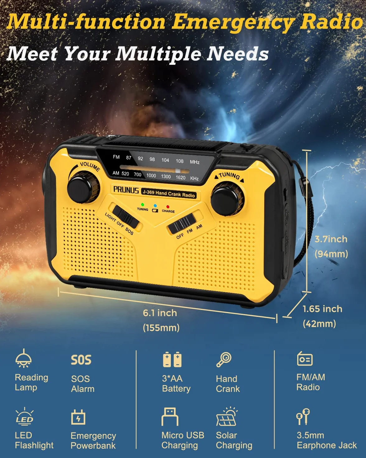 Radio z nakręcanym mechanizmem, PRUNUS J-369 Sprzęt survivalowy, przenośne radia AM/FM, radio zasilane baterią z powerbankiem o pojemności 3000 mAh, radia solarne z latarką, lampką do czytania i alarm