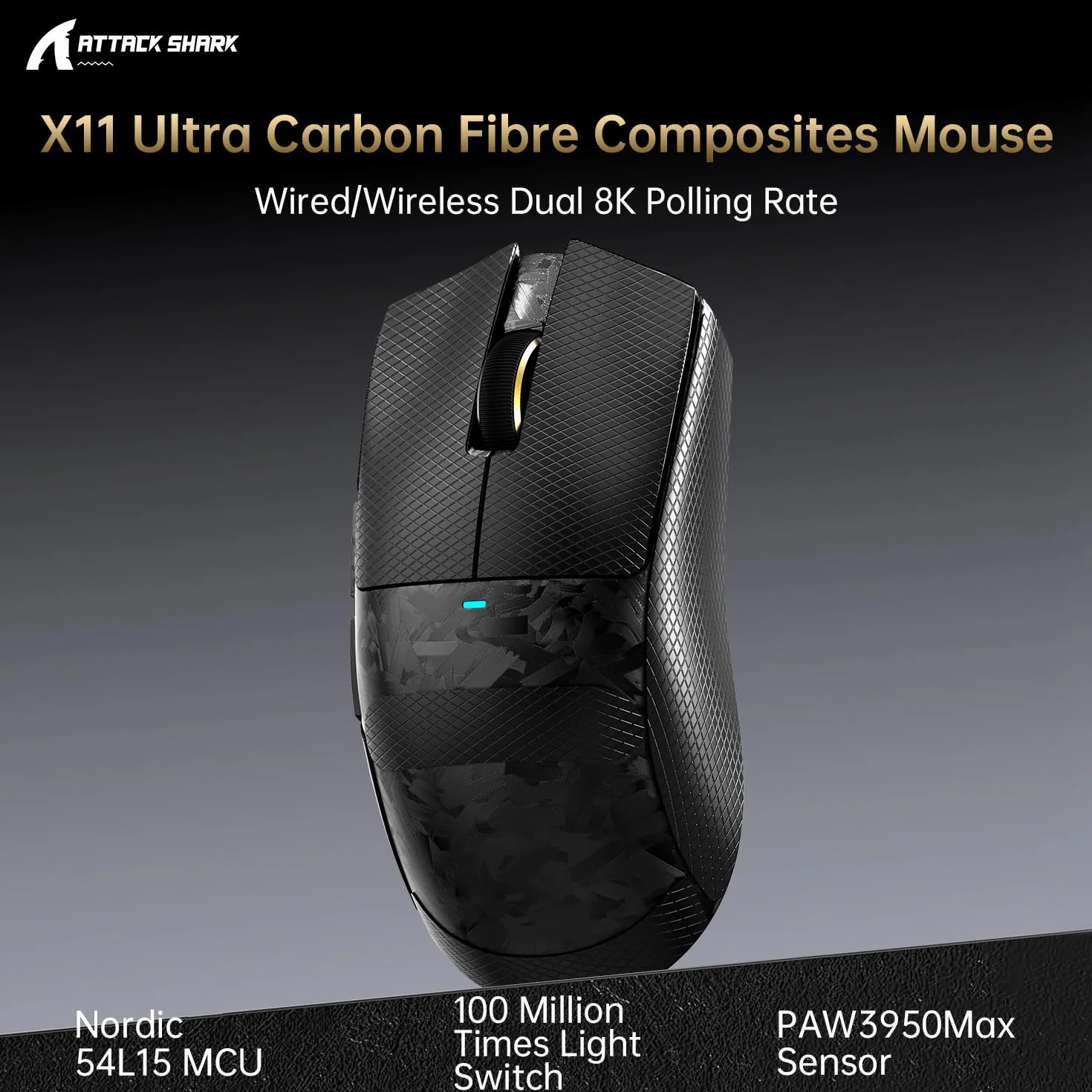 ATTACK SHARK X11 ULTRA Wireless Gaming Mouse, Ultra-Light 63g, 42K DPI, 8K Polling, Nordic Chip, Carbon Fiber, for Esports & Pro Gamers