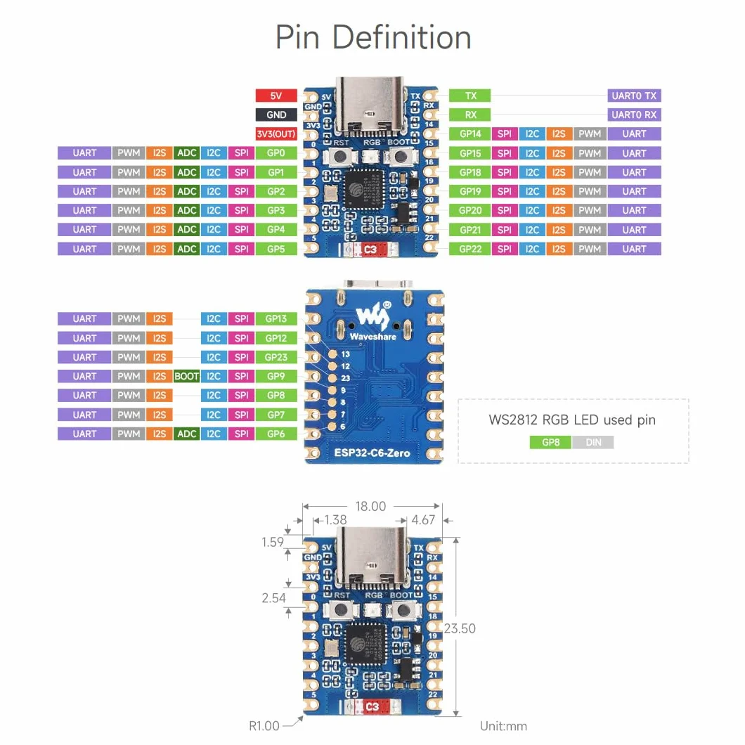 Waveshare ESP32-C6 Mini Development Board(with Pre-soldered Header), Based On ESP32-C6FH8, Dual Processors, 160MHz Running Frequency, 2.4GHz WiFi 6 & BT5, ESP32 Development Board