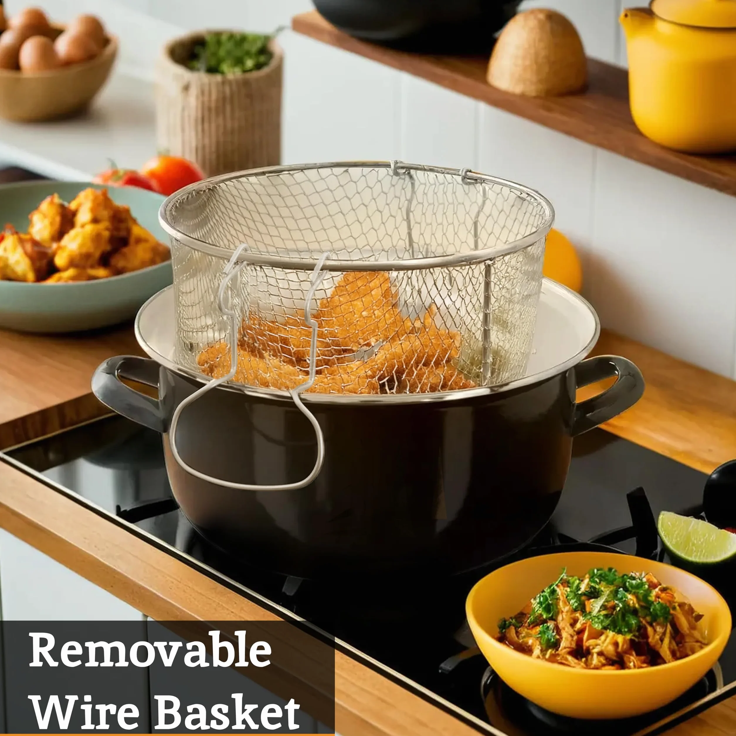 Premier Housewares 102102 5 l frytkownica emaliowana patelnia do frytkownicy szklana pokrywa głęboka patelnia czarna kosz mały