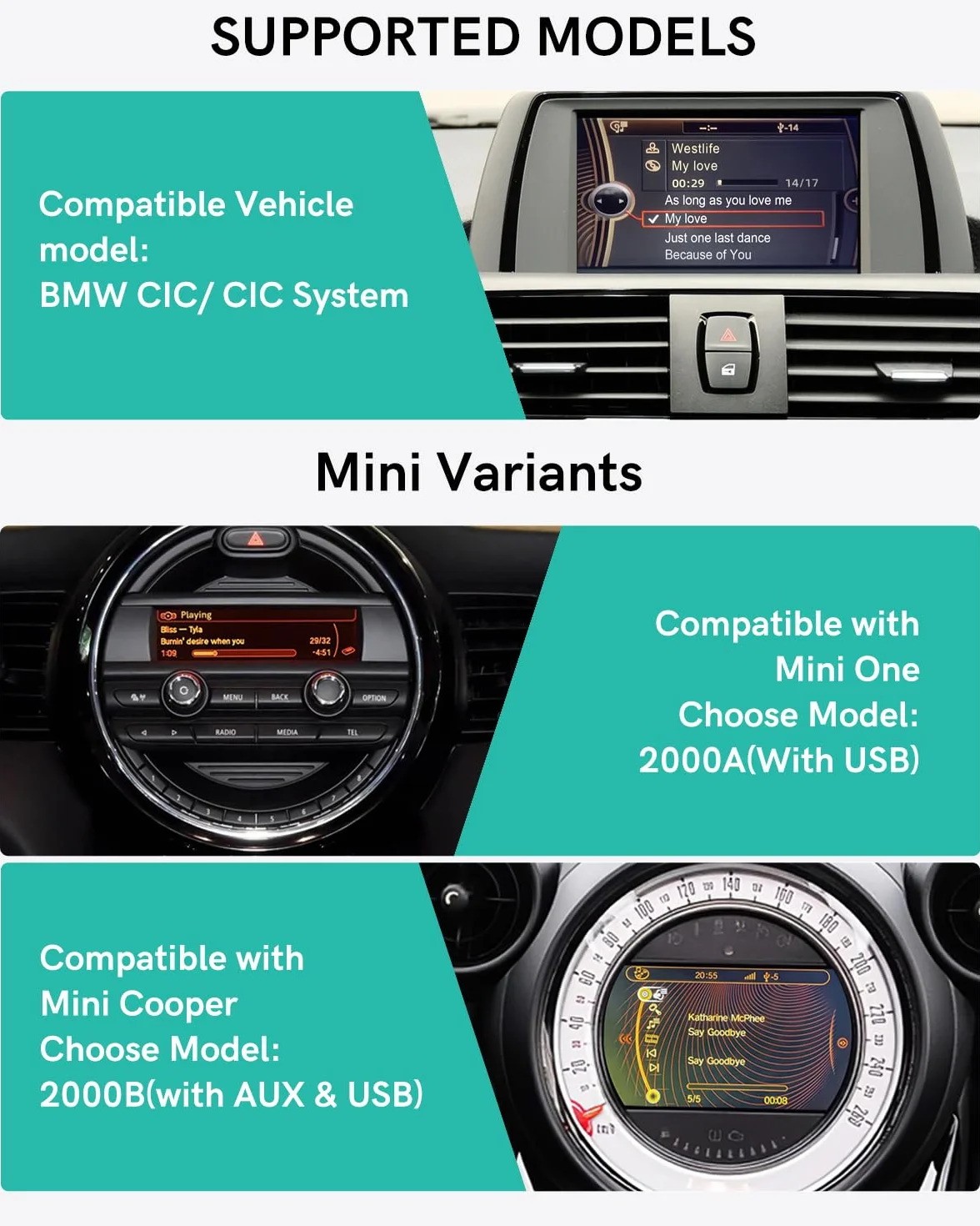 Adapter Bluetooth z kablem Y do BMW – USB i AUX – Odbiornik Bluetooth kompatybilny z systemem CIC/CCC – Wysokiej jakości dźwięk aptX-HD