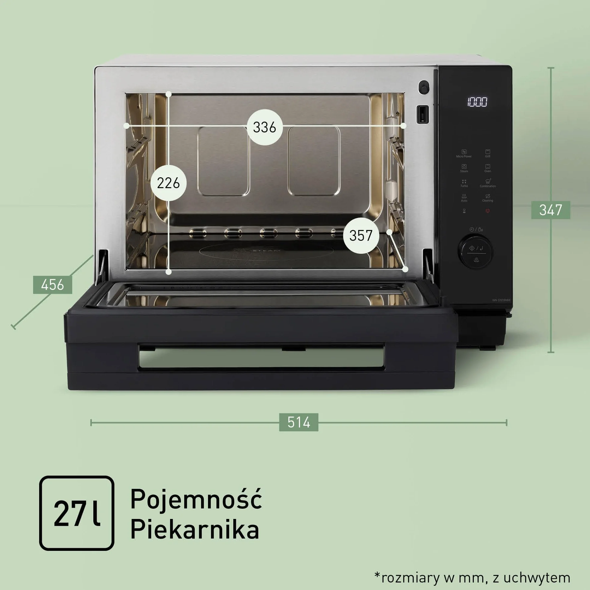 Panasonic NN-DS59N parowa kuchenka wielofunkcyjna 4w1 (technologia inwerterowa, 27l, para o mocy 1100W, grill kwarcowy 1350W, funkcja piekarnika), srebrna