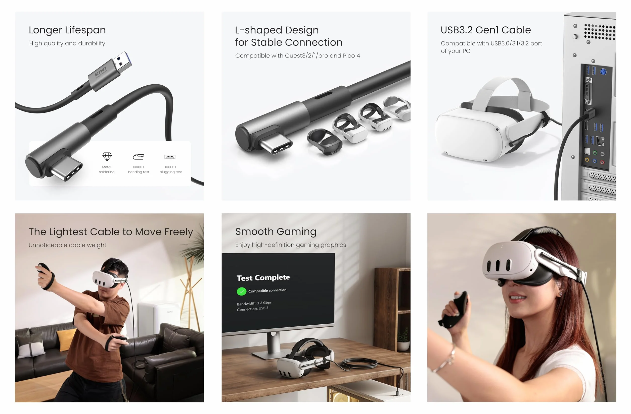 KIWI design Kabel łączący 487 cm, kompatybilny z akcesoriami Oculus/Meta Quest 3S i Quest 3/2/Pro/Pico 4, kabel USB 3.0, z super prędkością 5 Gb/s