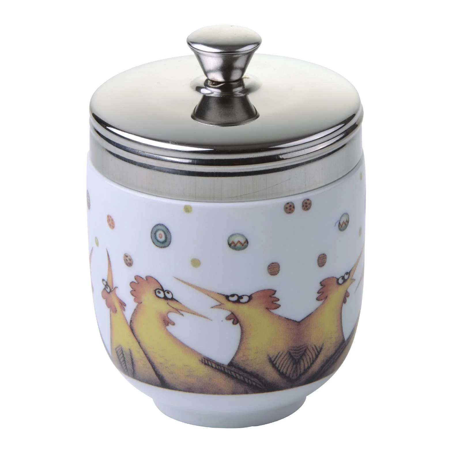 BIA International – porcelanowy zestaw 2 wielokolorowych porcelanowych kłusowników do jajek z deszczowymi jajkami autorstwa artystki Clare Mackie, kuchenny kocioł na jajka i kuchenka wielofunkcyjna