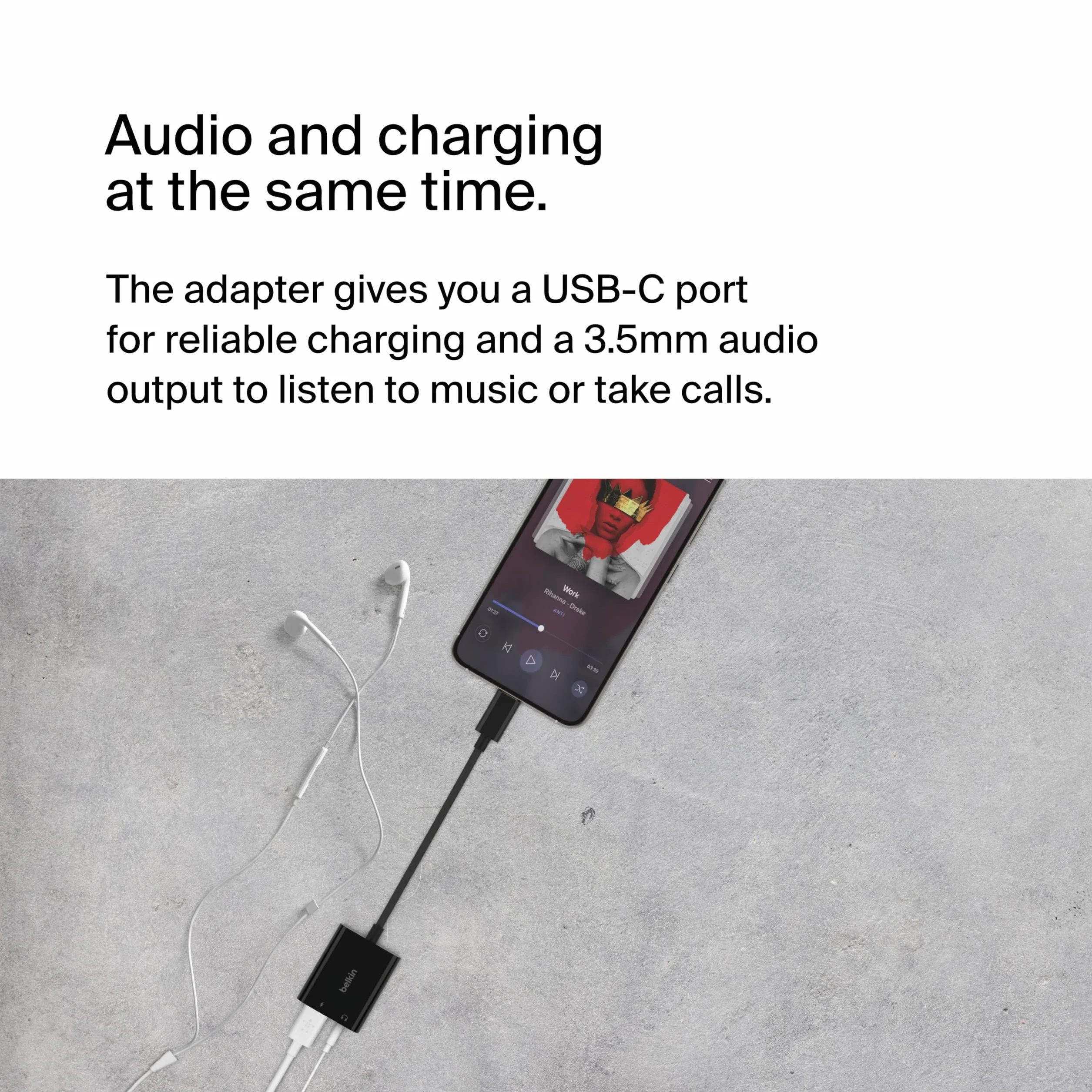 Belkin RockStar™ adapter audio 3,5 mm + USB-C® do ładowania, adapter słuchawkowy z USB-C 60 W, szybkie ładowanie do iPhone'a 15, iPada Pro, Galaxy, Note, Google Pixel, LG, Sony Xperia i innych