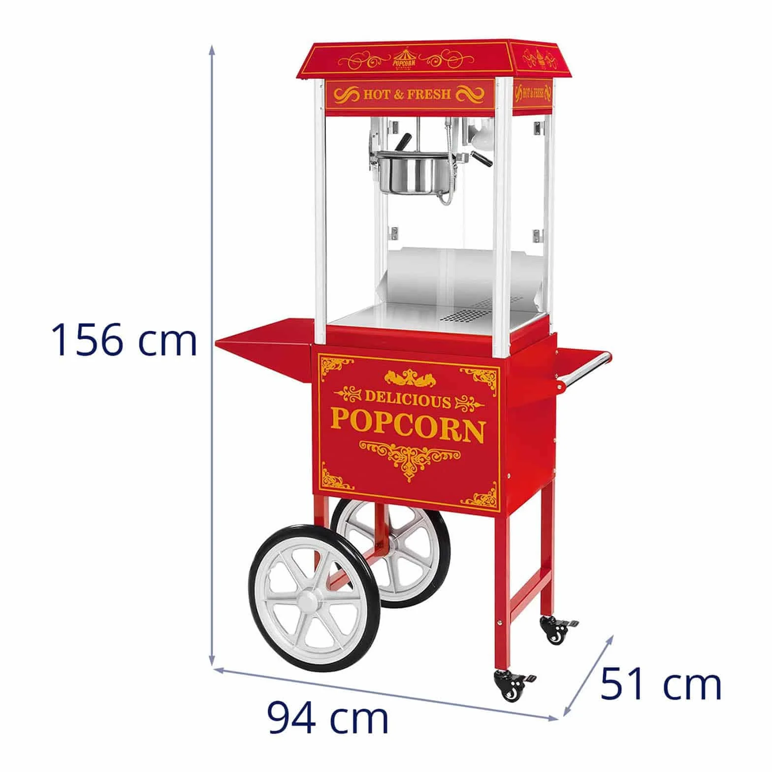 Royal Catering Profesjonalna maszyna do popcornu (1500 W, 5kg/godz./16l/h, garnek ø 18,5 cm, powłoka nieprzywierająca, mobilne) profesjonalne urządzenie popcorn z wózkiem