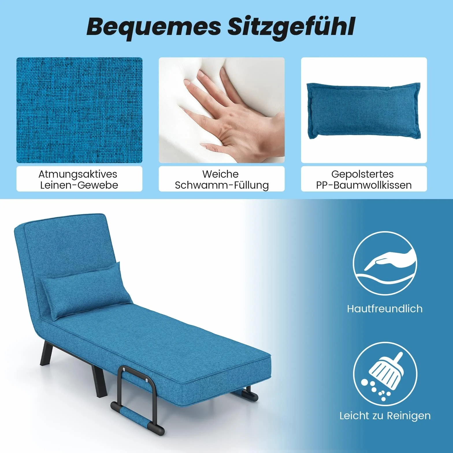 COSTWAY 4 w 1 rozkładana sofa z funkcją spania, rozkładana sofa z regulowanym oparciem i zdejmowaną poduszką, rozkładany fotel, rozkładana sofa, rozkładana sofa z metalową ramą, obciążenie do 150 kg (