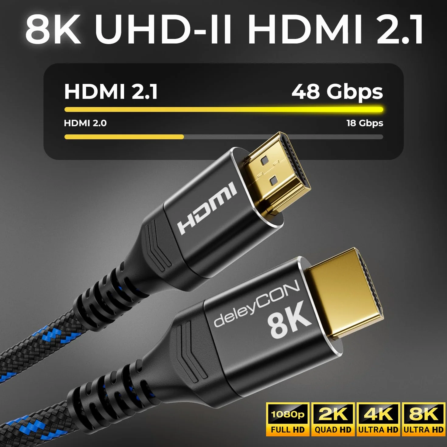 deleyCON 3,0m 8K HDMI 2.1b Kabel (48G, ULTRA Highspeed) Certyfikowany, 8K@60Hz 4K@144Hz 120Hz 2K@144Hz/165Hz EARC HDCP 2.3/2.2 - do DTS:X HDR Dolby Atmos TV PS5 Xbox Soundbar Monitor