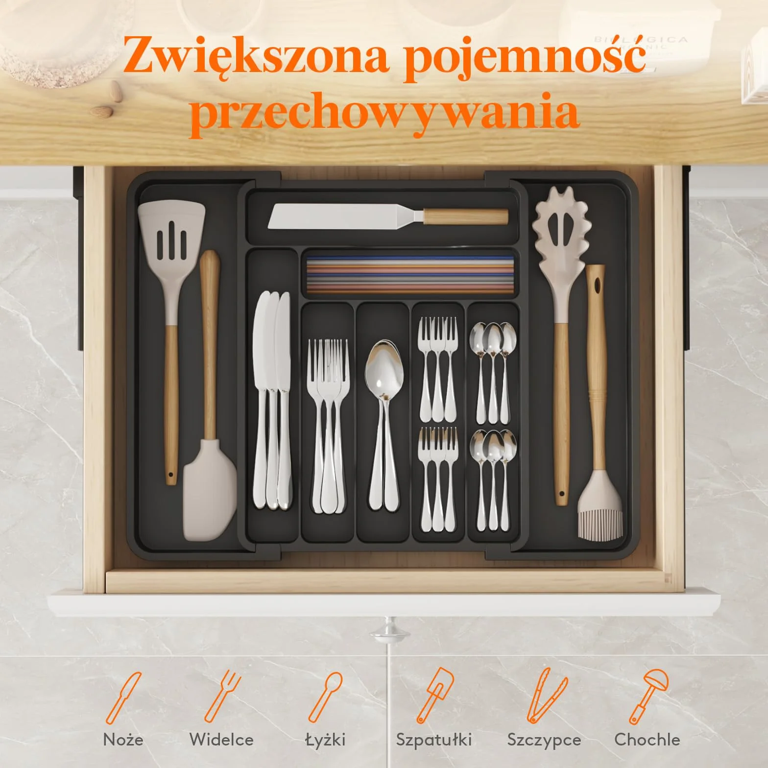 Lifewit Organizer do Szuflady na Sztućce, Wkład do Szuflady, Regulowany Organizer na Przybory Kuchenne, Plastikowy Taca na Sztućce, Szerokość 30-49,8cm, Głębokość 38cm, Czarny