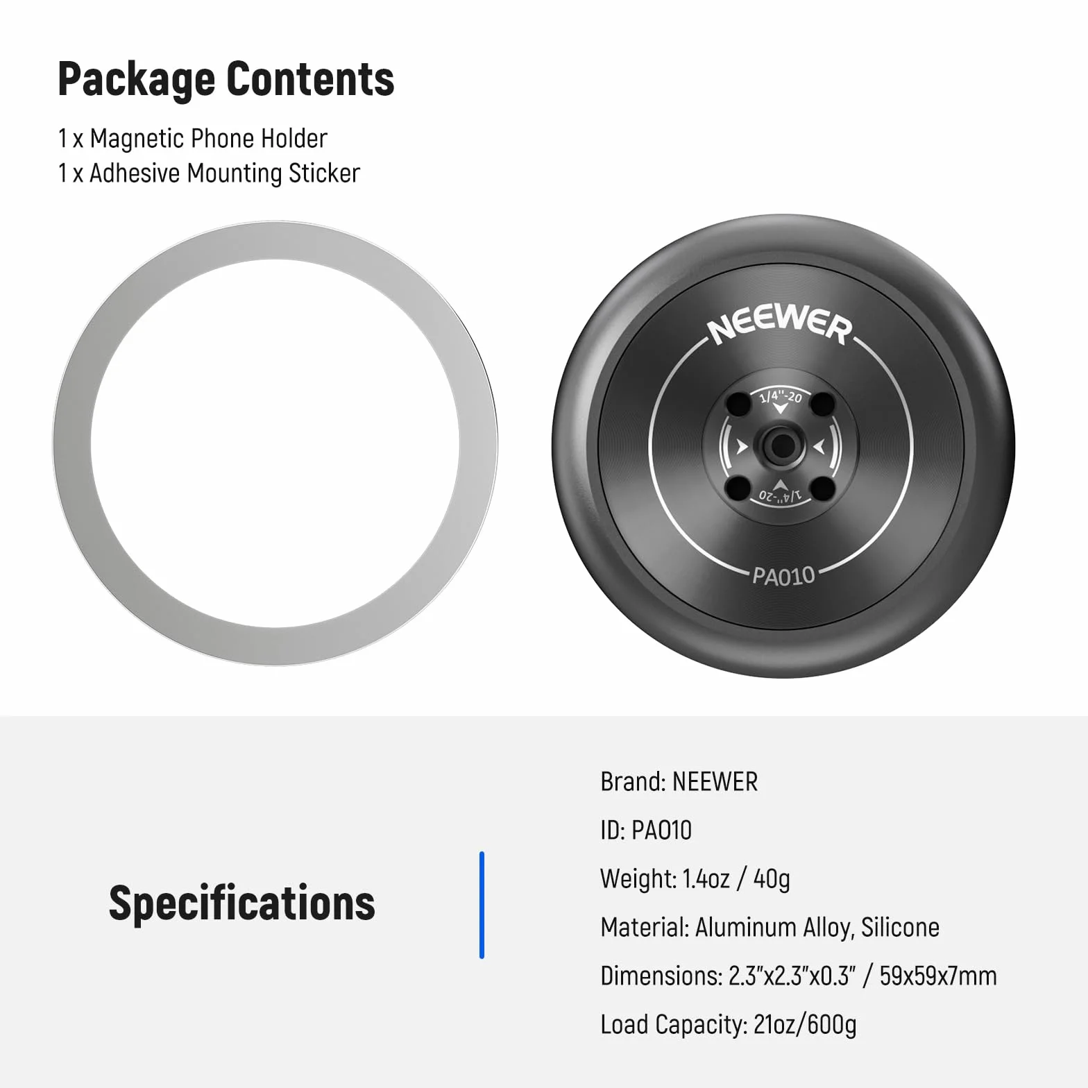 NEEWER Magnetyczny uchwyt na statyw do telefonu komórkowego, adapter z samoprzylepnym pierścieniem magnetycznym, kompatybilny z MagSafe iPhone 15 Pro Max 15 Plus 14 13 12, gwint 1/4" do filmów, kijek