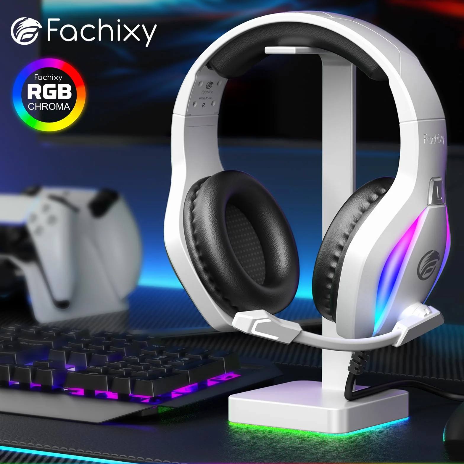 Fachixy FC100 zestaw słuchawkowy gamingowy do PS4 PS5 PC Xbox Nintendo Switch słuchawki stereo RGB z mikrofonem redukcją szumów biały