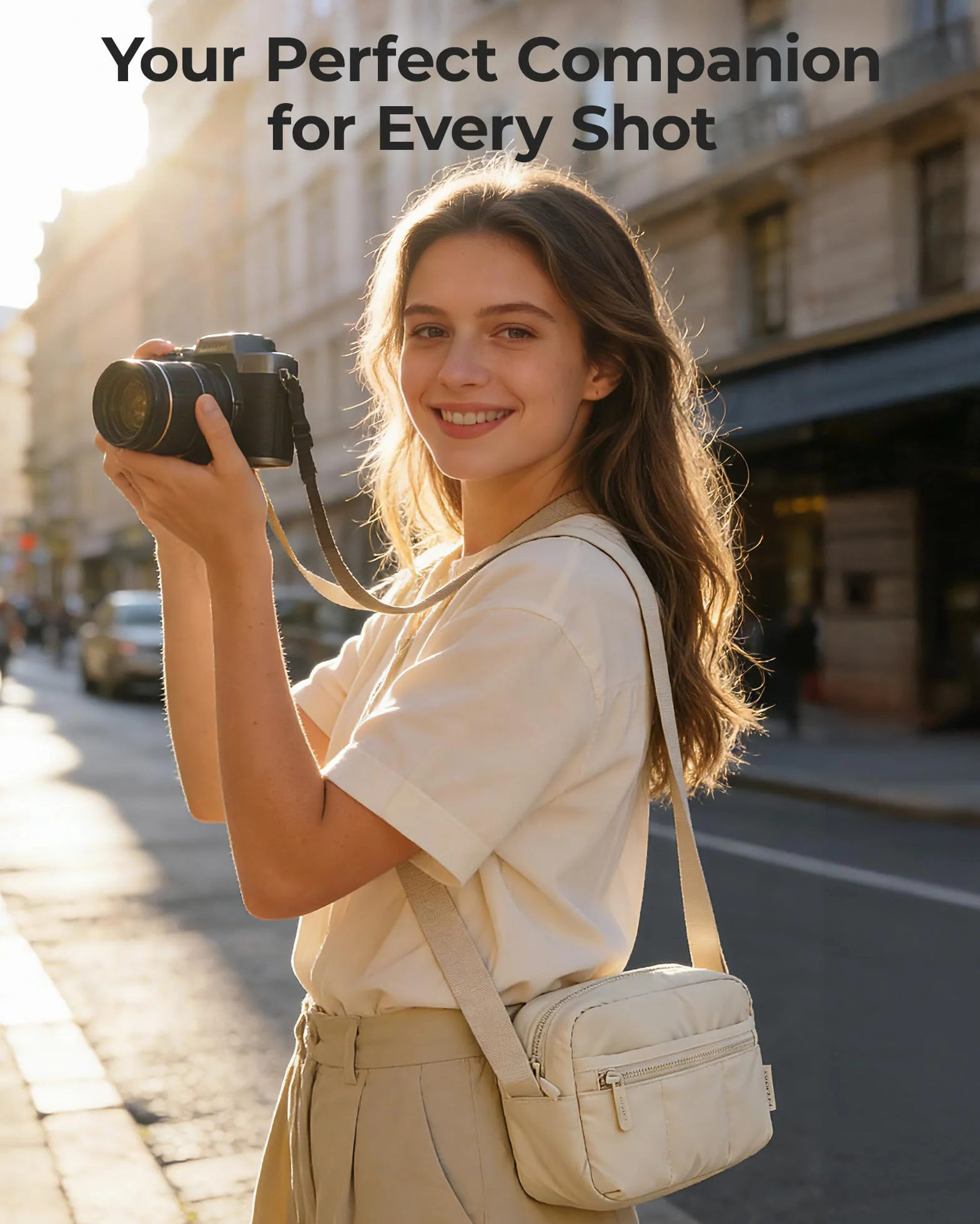 bagsmart Torba na aparat DSLR SLR, mała, lekka i stylowa torba na ramię, lustrzanka, akcesoria, wielbłąd, moda