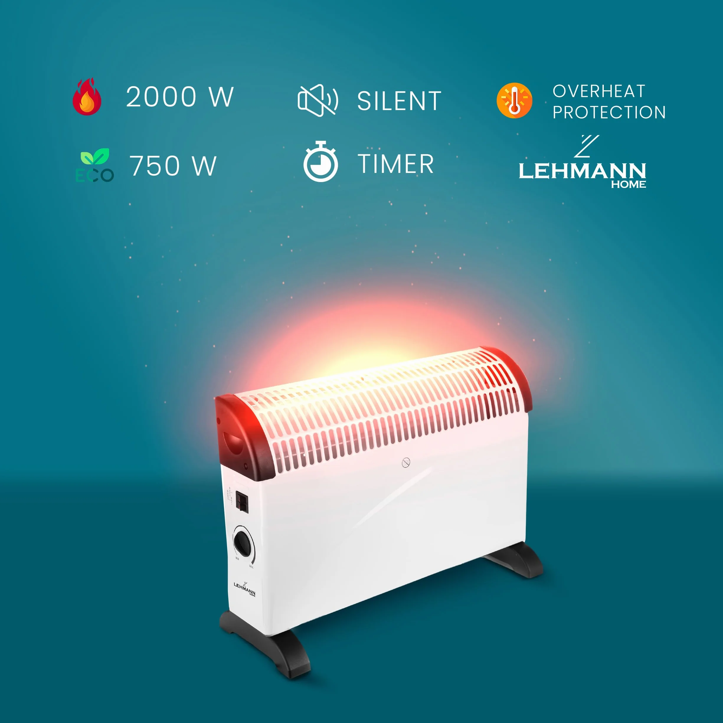 Lehmann LHOHC-2013A grzejnik konwektorowy, grzejnik elektryczny 750/1250/2000 W, ogrzewanie konwektorowe z termostatem i zabezpieczeniem przed przegrzaniem, ogrzewanie elektryczne, energooszczędne,