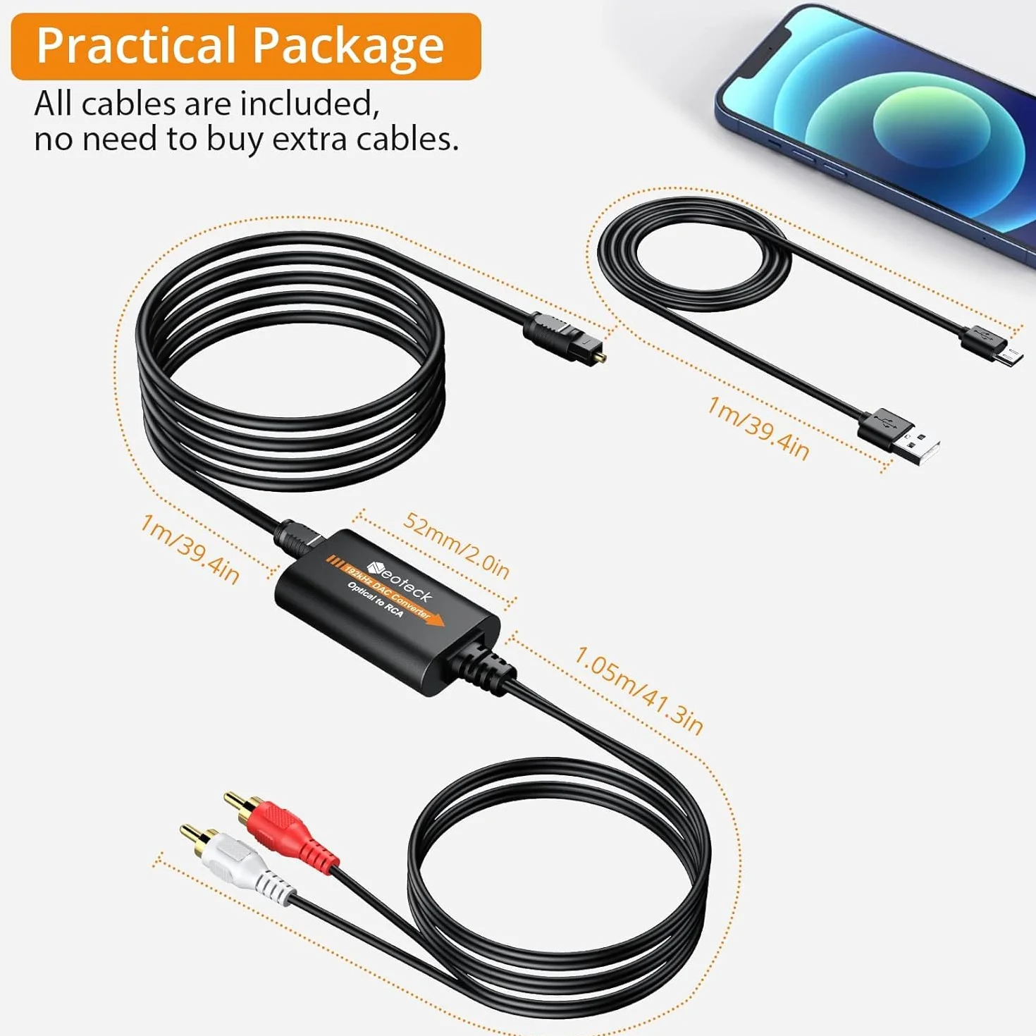 Neoteck DA Converter 192kHz DAC Converter 2.1m Kabel optyczny na RCA z wbudowanym wzmacniaczem audio Optyczny przetwornik cyfrowo-analogowy audio do telewizorów HD, dekoderów, odtwarzaczy DVD/Blu-ray