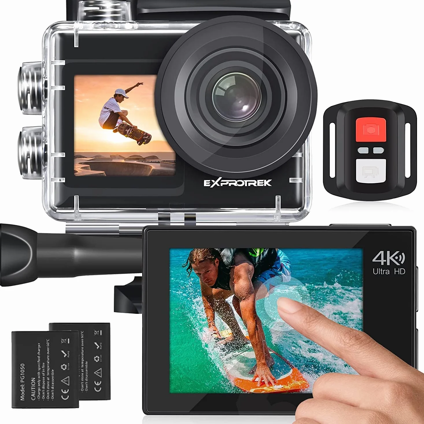 Kamera sportowa 4K, szerokokątny ekran dotykowy 20 MP WiFi Wodoodporna kamera 30 m, wyposażona w baterie 2 × 1350 mAh i akcesoria montażowe, z pilotem zdalnego sterowania