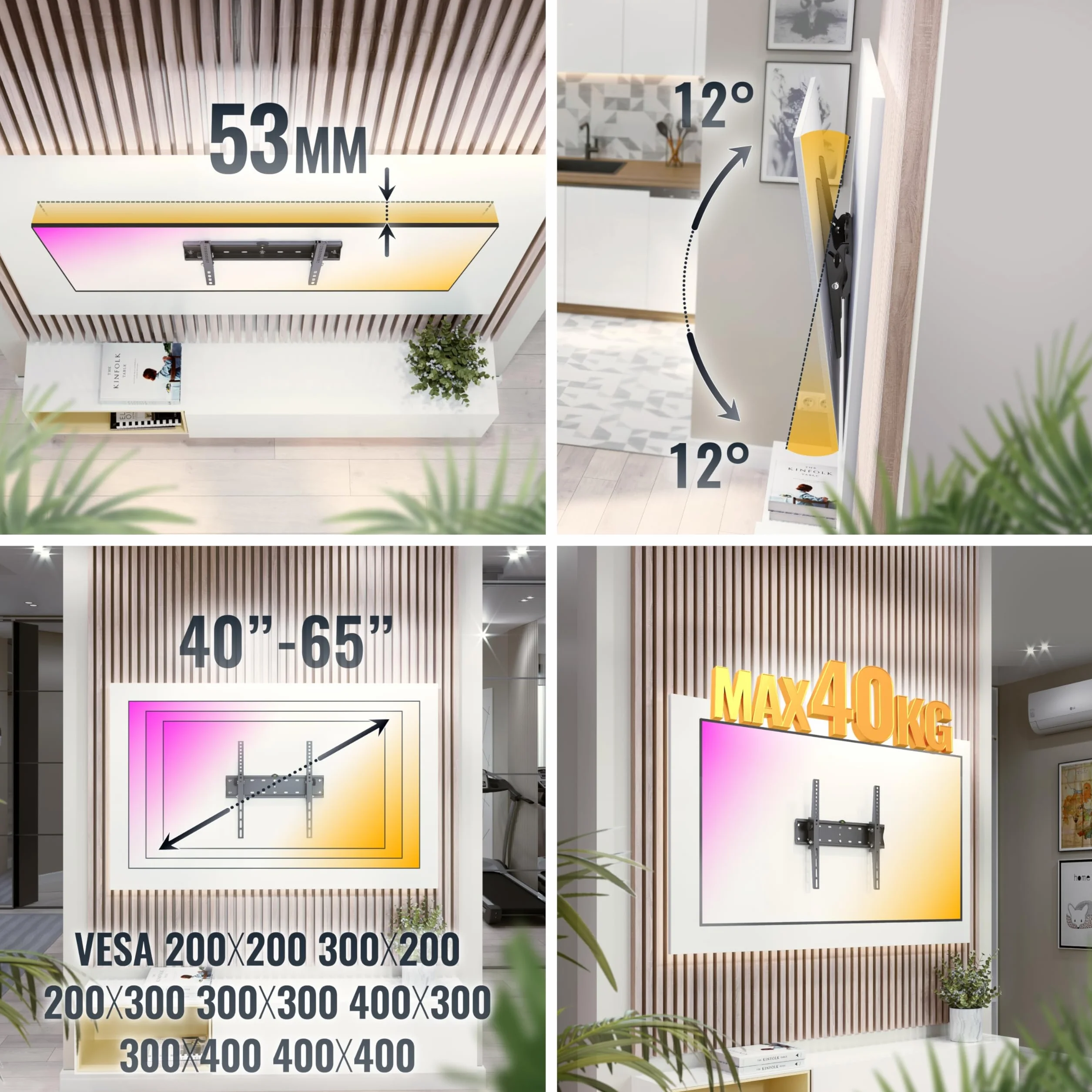 RICOO Uchwyt ścienny do telewizora, płaski pochylony do 32-65 cali, uniwersalny uchwyt TV N2144, uchwyt na telewizor na ścianę, uchwyt ścienny do telewizora 55 cali, do 40 kg z maks. VESA 400 x 400 mm