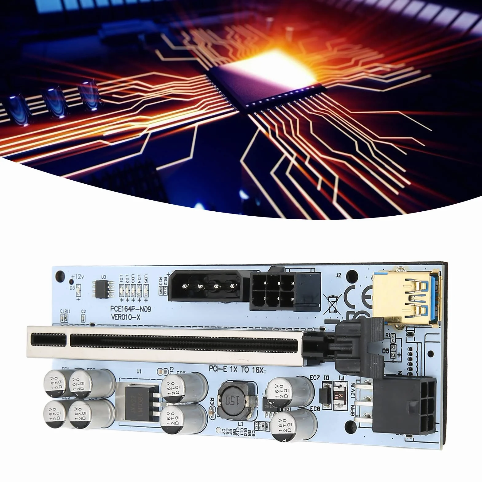 Kabel PCIE Riser, PCIE X1 do PCIE X16 GPU Riser Kabel Przedłużający 6 PIN Zasilany, do Platform Górniczych - Czarny