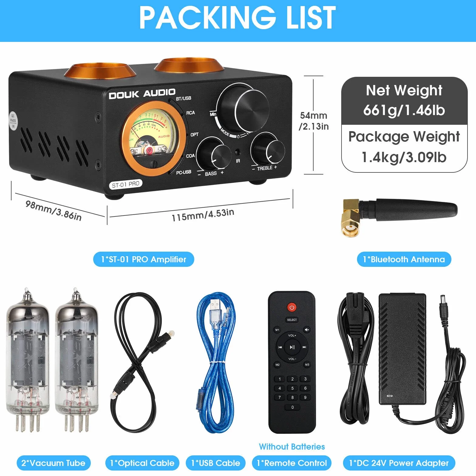 Douk Audio ST-01 PRO wzmacniacz HiFi, 200W mini wzmacniacz lampowy z Bluetooth 5.0, miernik VU, DAC USB wejście koncentryczne/optyczne (ST-01PRO)