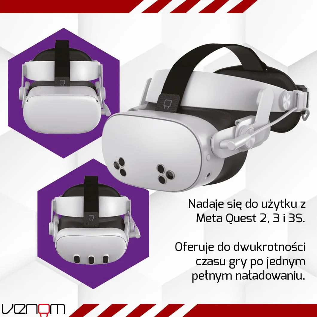 Venom Pasek Power Strap do Meta Quest - wyściełany pasek na głowę z power bankiem - kompatybilny z Quest 2, Quest 3, Quest 3S