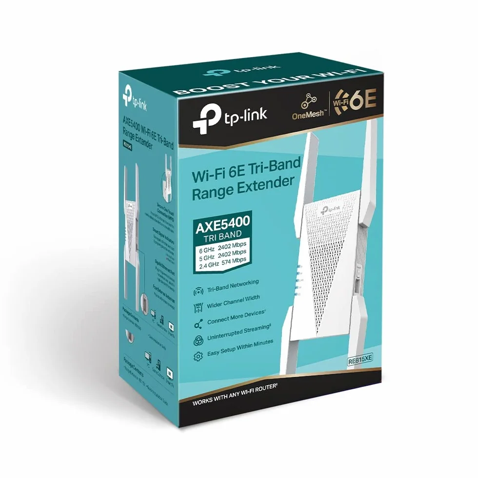 TP-Link RE815XE | Wzmacniacz sygnału Wi-Fi 6E AXE5400 | Trójpasmowy | Prędkość do 5400 Mb/s | Pasmo 6 GHz | Port Gigabit Ethernet | Kompatybilny z EasyMesh | Tryb Punktu Dostępowego