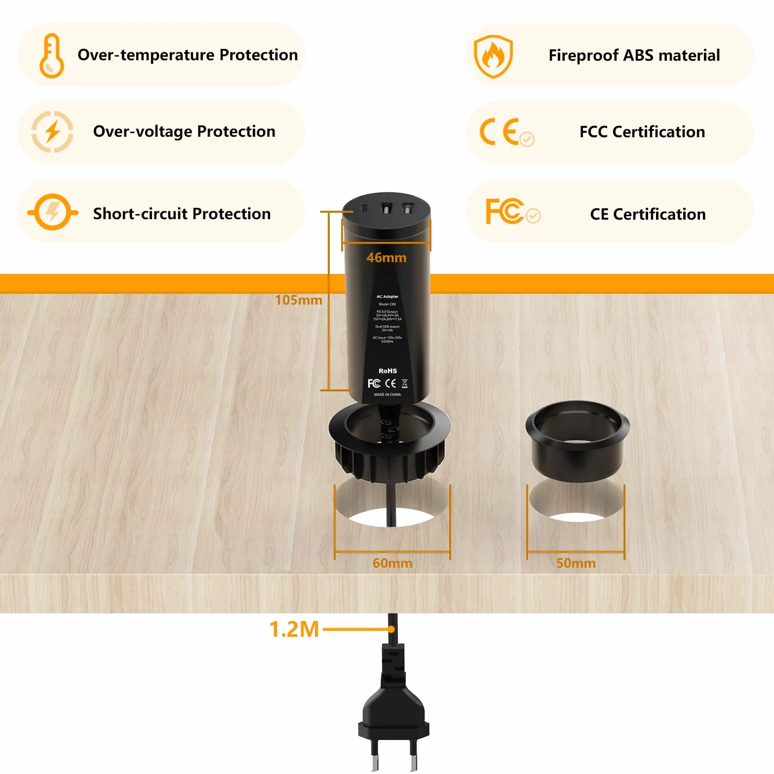 Hianjoo 45 W 3-portowe gniazdo USB do zabudowy, stacja ładująca USB do wielu urządzeń (2 x USB + 1 x typ C), ładowarka USB z wieloma portami, koncentrator USB, akcesoria biurkowe