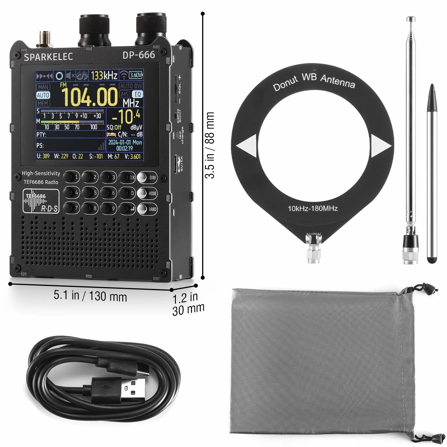 Raddy DP-666 Radio DSP Wielozakresowe Chip TEF6686, Profesjonalny Odbiornik AM/FM/LW/MW/SW RDS, 2,8" Ekran Dotykowy + Stylus, Bateria 5000mAh, Antena Teleskop. & Donut, Przenośne z Aktualizacją FW
