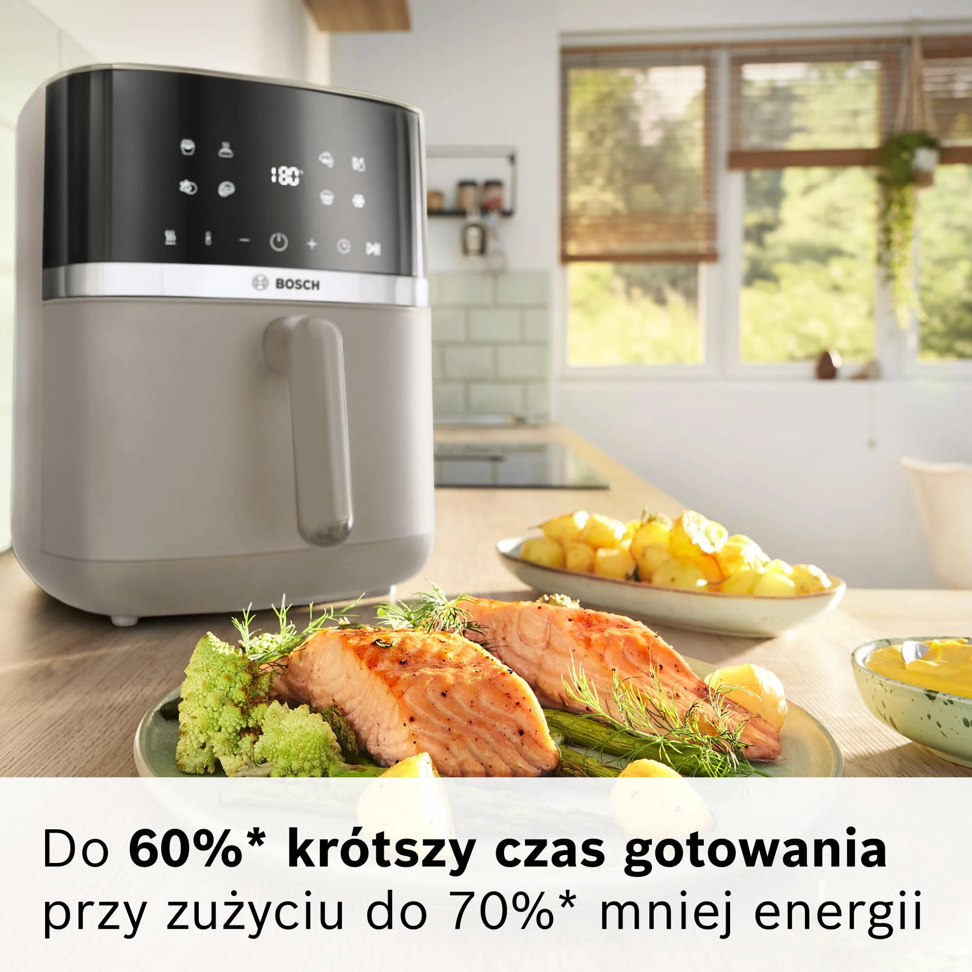 Bosch Air Fryer Serie 4 XL, MAF462C0, 6,1 l, 7 automatycznych programów, dwa elementy grzewcze, funkcje rozmrażania i podtrzymywania ciepła, ekran dotykowy, do 60% szybsze gotowanie, satynowy beżowy