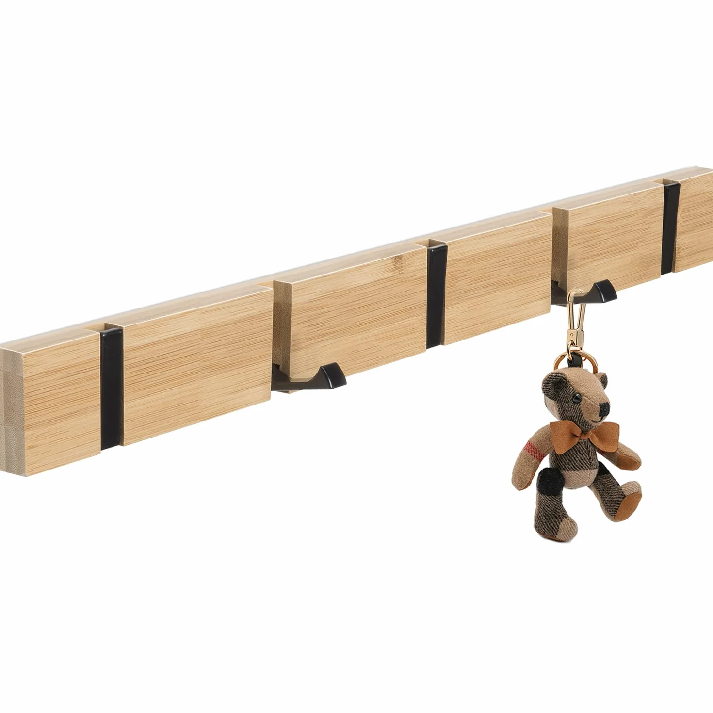 Drewniany wieszak na ubrania, bambusowy wieszak na ubrania, składany wieszak ścienny z 5 ruchomymi haczykami na kurtki, czapki i torebki (42 cm)