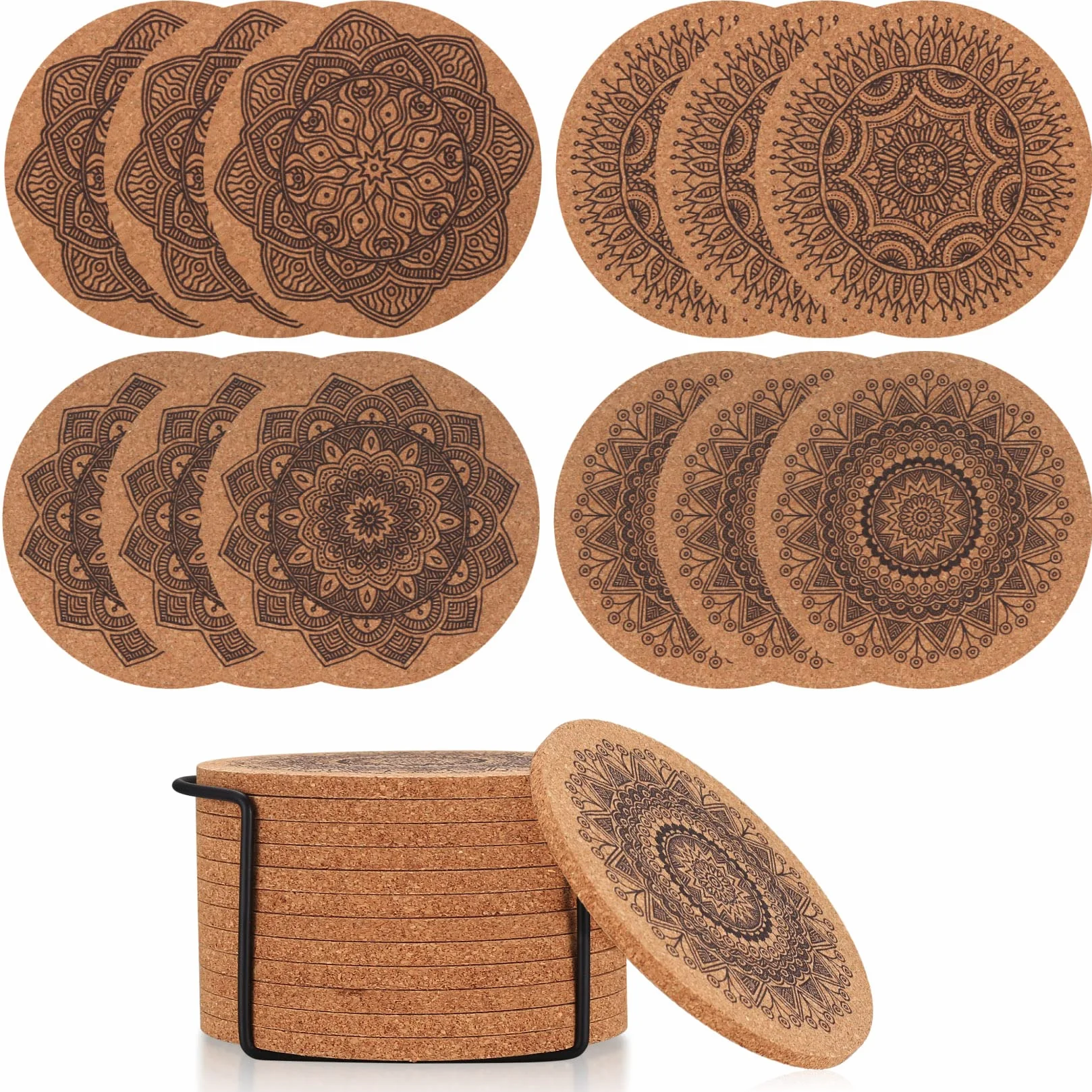 12 podstawek korkowych pod szklanki, 10 cm, podstawki pod napoje, wielokrotnego użytku, chłonne podstawki, drewniane, mandala, do kawiarni, baru, kuchni, z metalowym uchwytem