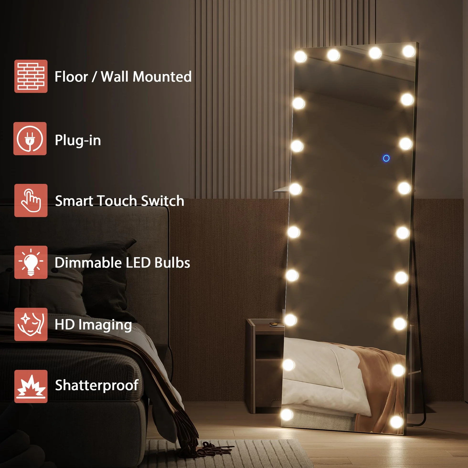 LVSOMT Lustro stojące na całe ciało z diodami LED, 155 x 50 cm, z oświetleniem, czarne