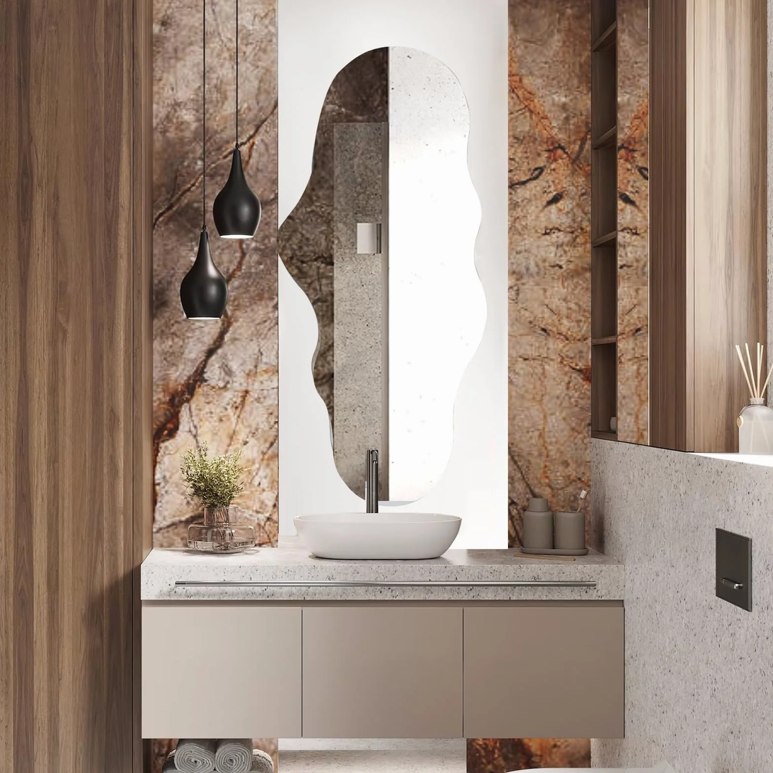 Lustro bez ramy, pełnowymiarowe, 120 x 59 cm, nieregularny kształt, białe – do sypialni, łazienki, salonu, toaletki i na ścianę