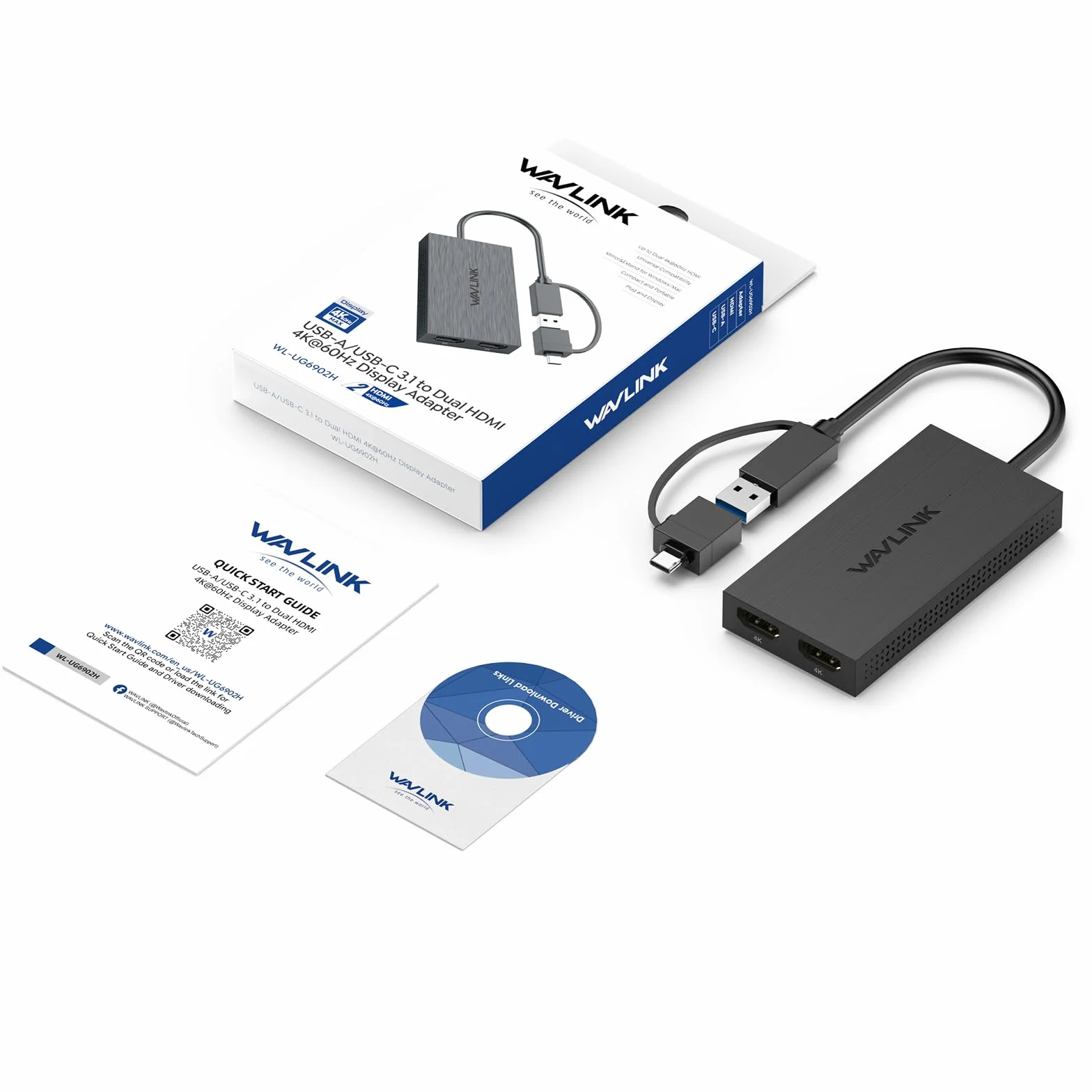 WAVLINK Adapter USB 3.1/USB-C na Dual HDMI - DisplayLink Dual 4K 60Hz Hub monitora do Windows i Apple M1/M2/M3 Mac