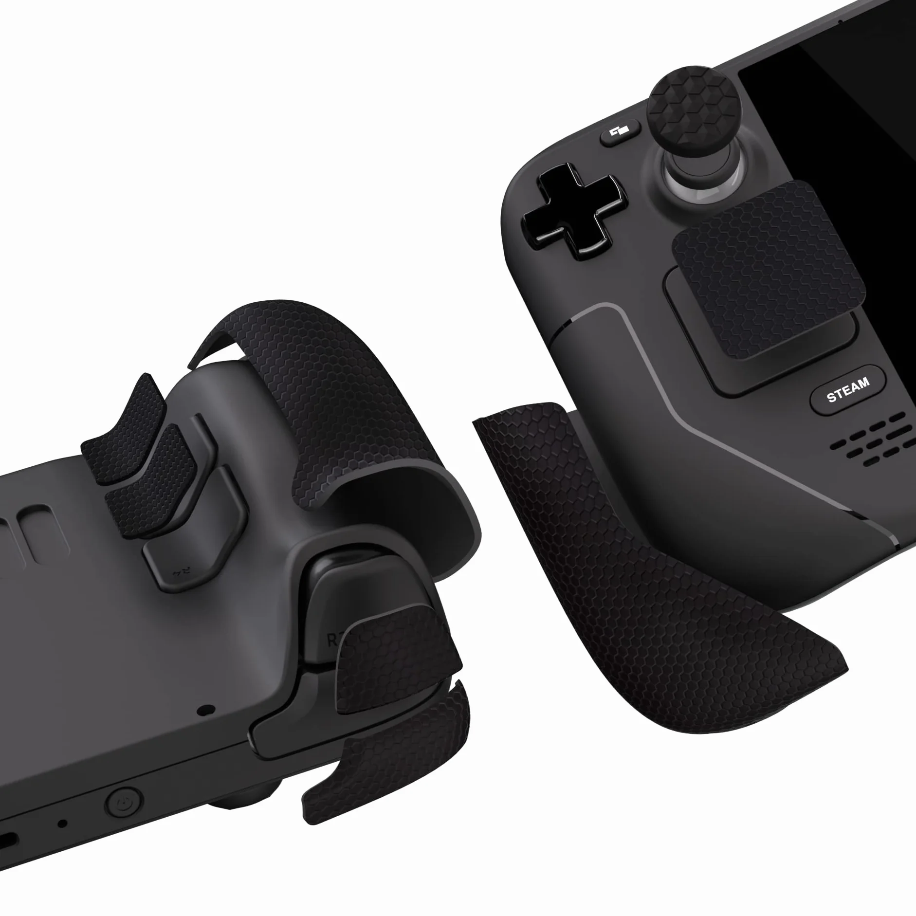 PlayVital Miękkie Gumowe Podkładki Pod Rękojeści do Steam Deck LCD,Naklejki Ochronne na Gładziki Skin Grip Enhancement Back Button do Steam Deck OLED z Nakładkami na Kciuki-Czarny(Honeycomb Textured)