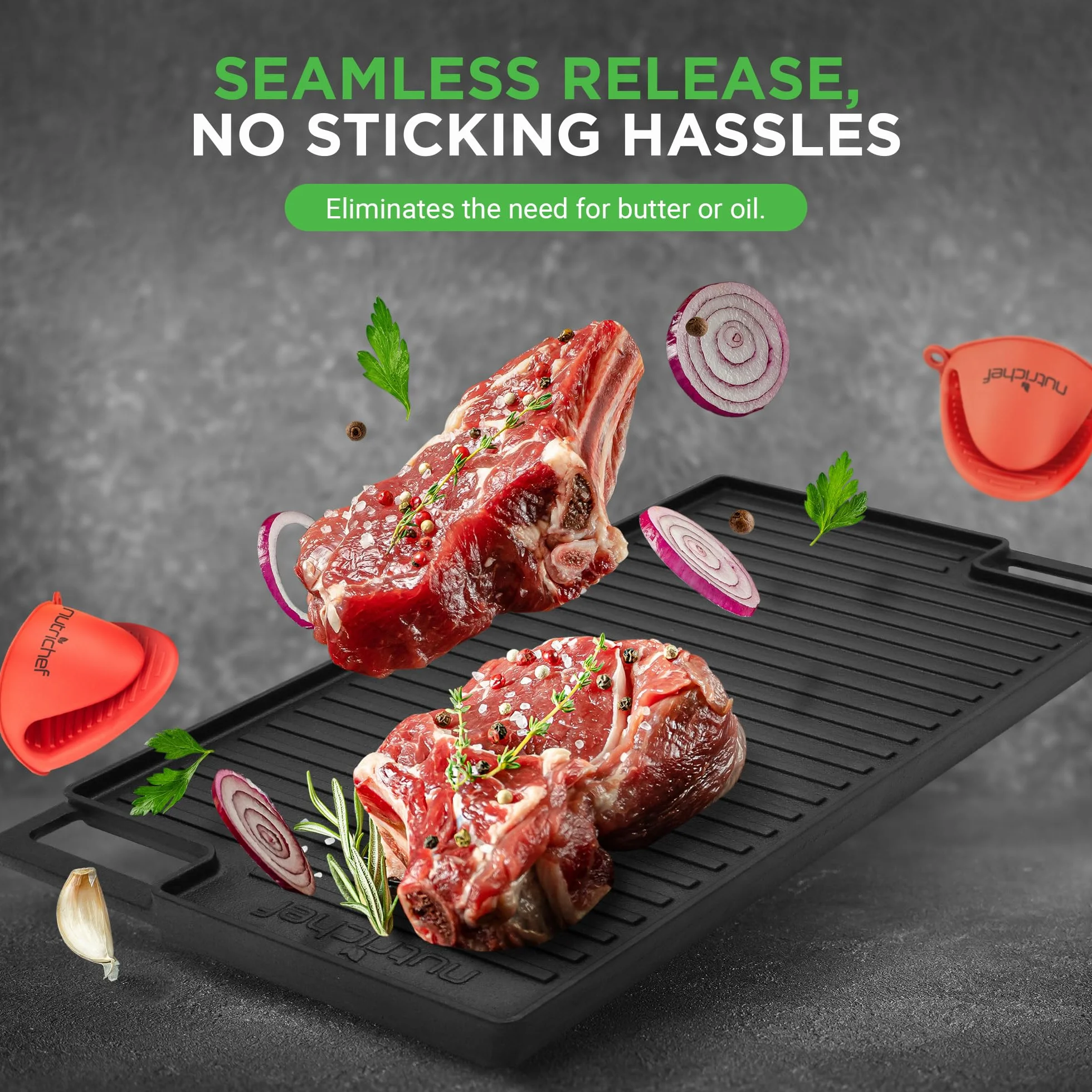 NutriChef Odwracalna płyta grillowa żeliwna – 45 cm płaska patelnia żeliwna do blatu kuchennego, patelnia do grilla gazowego z silikonową rękawicą kuchenną do kuchenki elektrycznej, ceramiki,