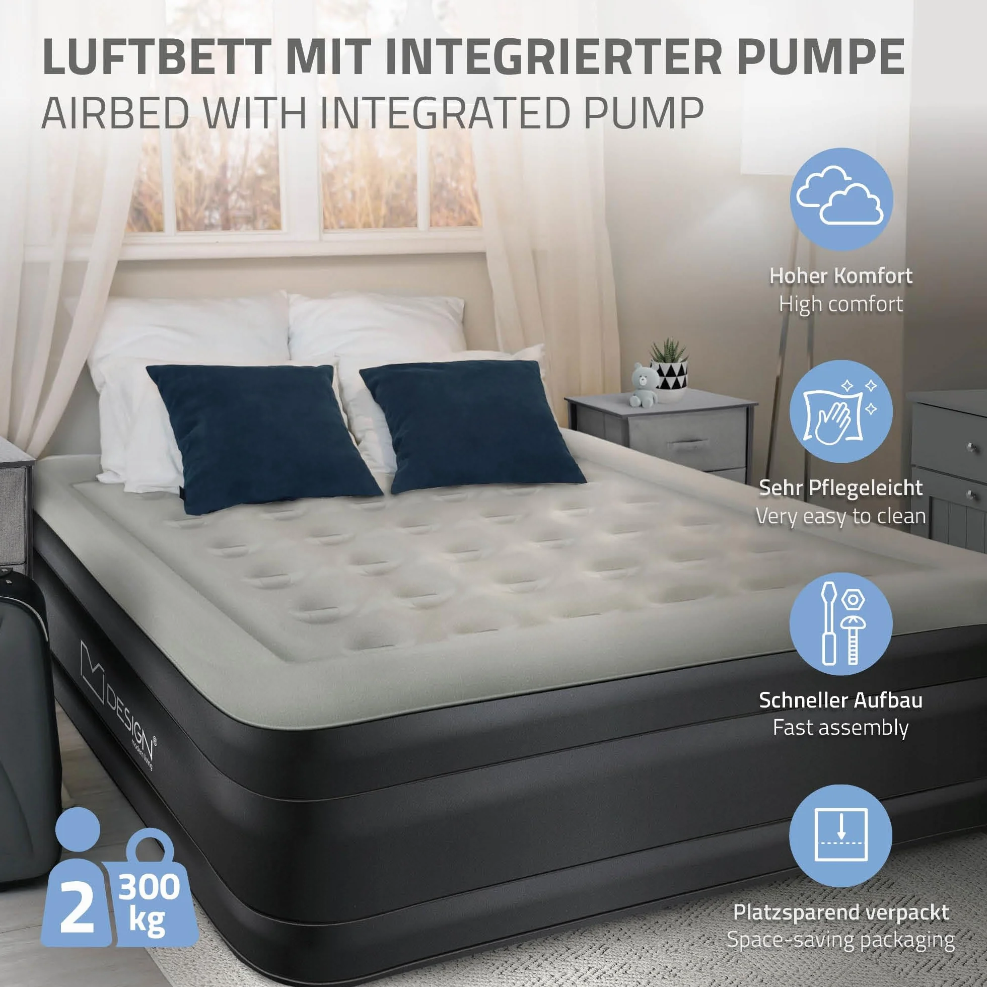 ML-Design Materac dmuchany dla 2 osób 203x157x47 cm z elektryczna pompka 230V Samopompujace sie lózko idealne do uzytku kempingowego lub domowego Podwójne lózko dla gosci wygodne i funkcjonalne