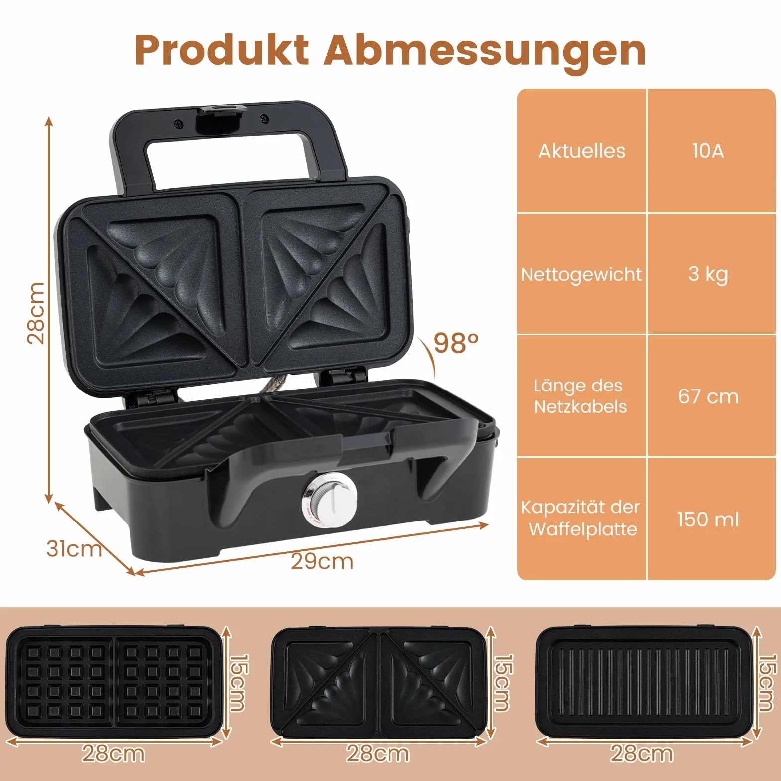 COSTWAY Elektryczny opiekacz do kanapek, 1200 W, 3 w 1, prasa do panini i opiekacz do kanapek, przenośny grill kontaktowy z 6 zdejmowanymi płytami nieprzywierającymi i 5 regulacją temperatury