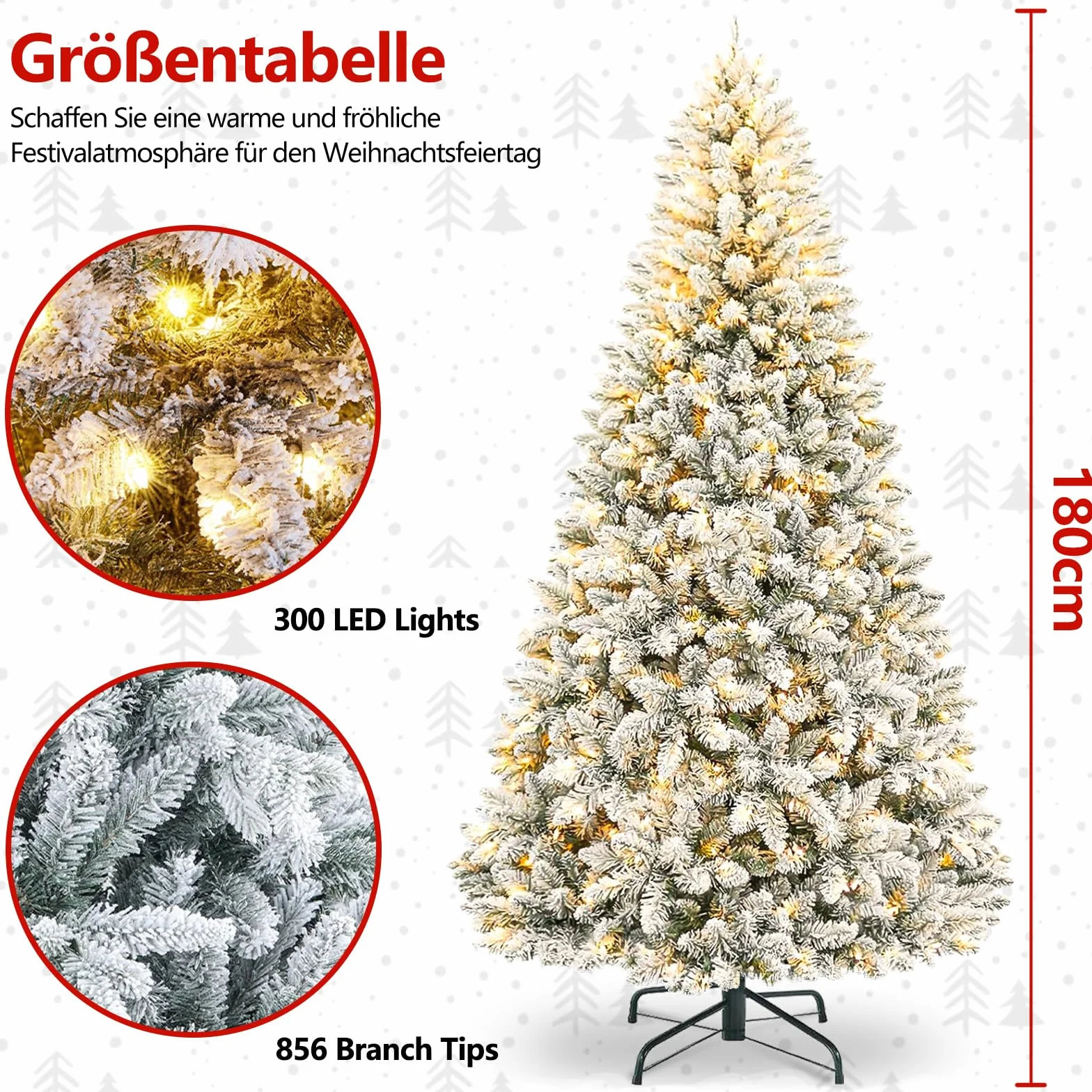 KOIUEYW Sztuczna choinka 180 cm LED 300 diod ze śniegiem metalowy stojak dekoracja bożonarodzeniowa