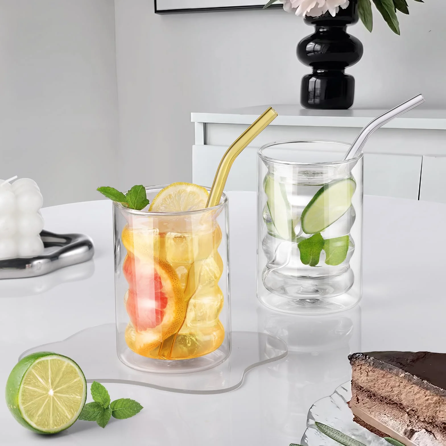 ecooe Szklanki do kawy o podwójnych ściankach, 350 ml, zestaw 4 sztuk, unikalne szklanki w kształcie spirali, szklanki do kawy, szklanki do herbaty, cappuccino, herbaty, lodów, mleka, prezent dla