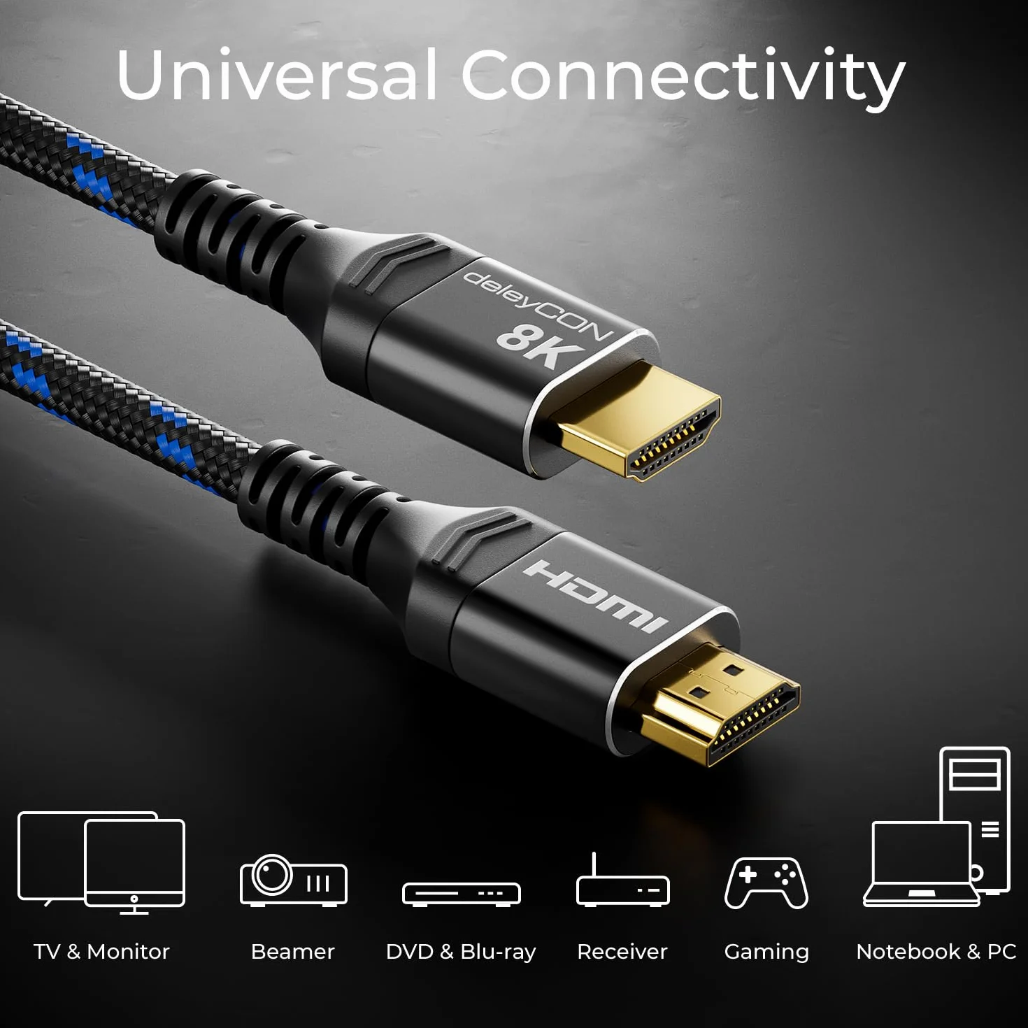 deleyCON 3,0m 8K HDMI 2.1b Kabel (48G, ULTRA Highspeed) Certyfikowany, 8K@60Hz 4K@144Hz 120Hz 2K@144Hz/165Hz EARC HDCP 2.3/2.2 - do DTS:X HDR Dolby Atmos TV PS5 Xbox Soundbar Monitor