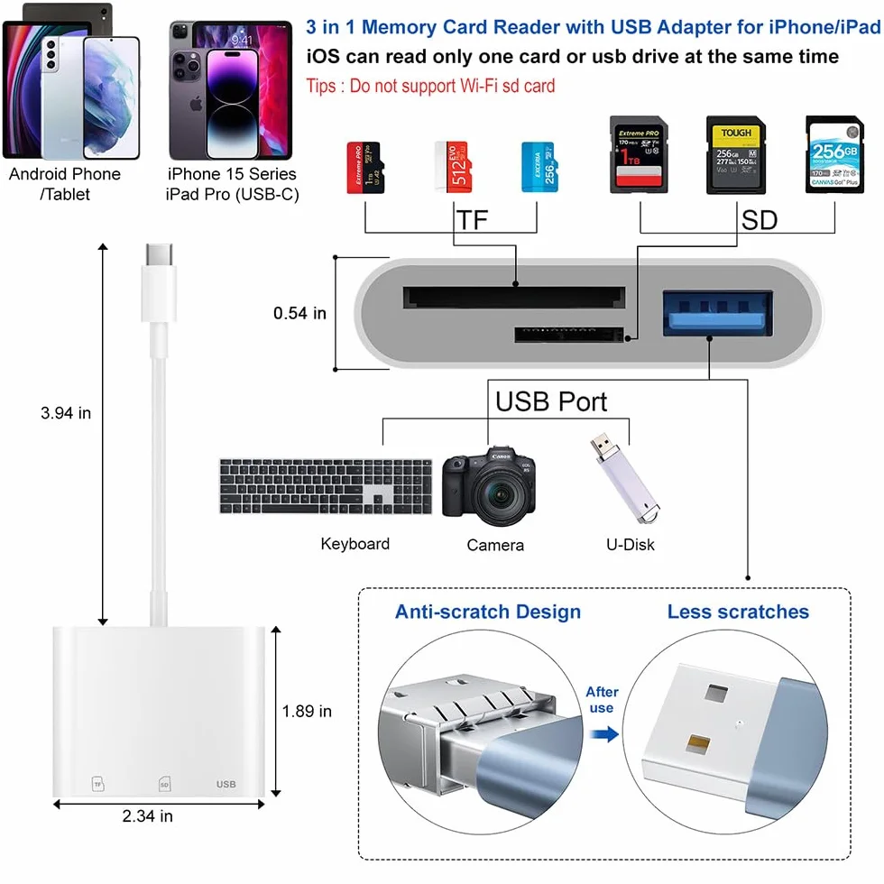 Czytnik kart USB C SD, TF Micro adapter kart pamięci z portem USB A do iPhone 15 16/iPad/Mac/Laptop typu C na aparat fotograficzny czytnik kart do iMac, iPad Pro Air Mini, Galaxy, MicroSD/SD