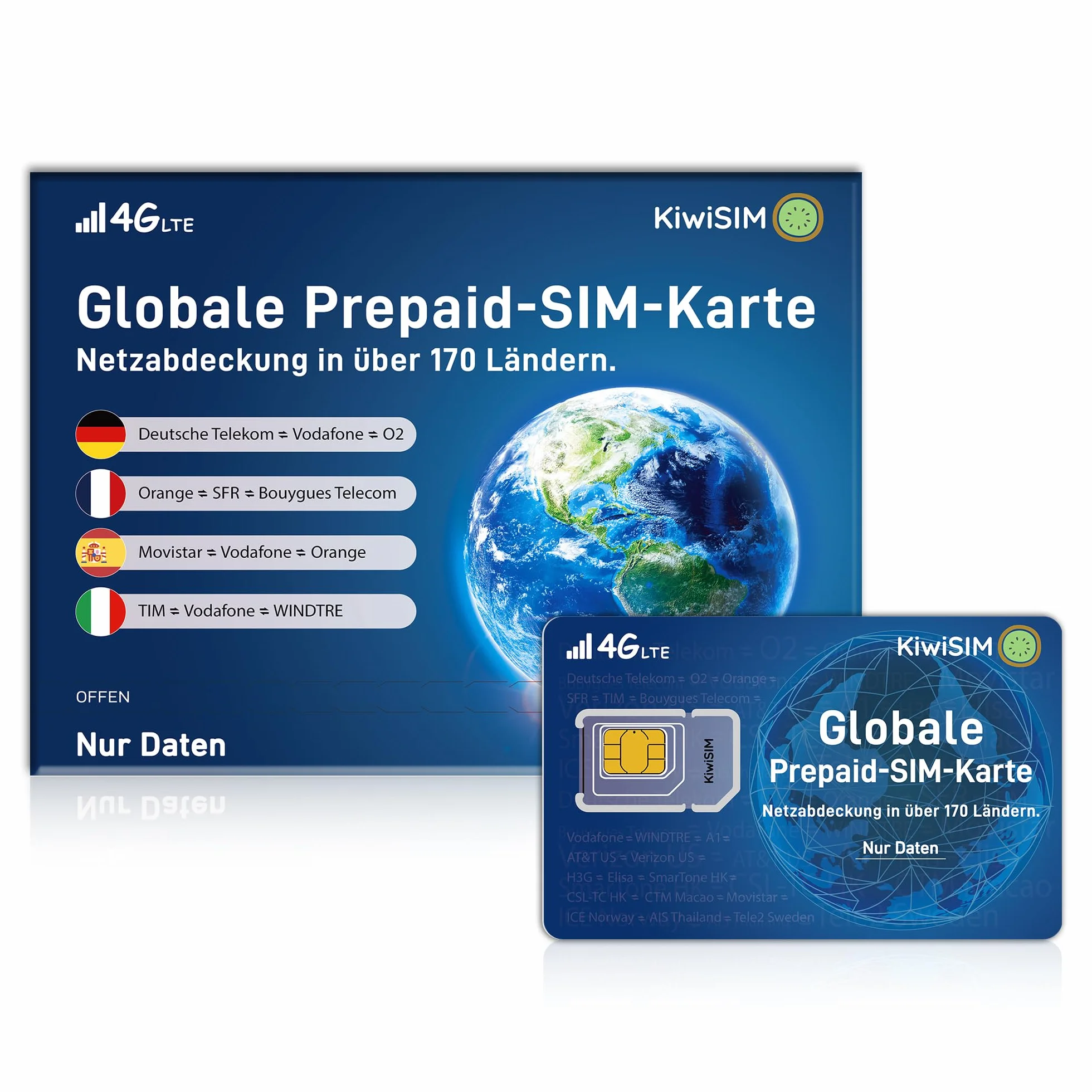KiwiSim Prepaid karta SIM – 4G LTE do użytku globalnego w 170 krajach i regionach, kompatybilna z Telefónica, O₂, Vodafone, do smartfonów, hotspotów, kamer i urządzeń GPS