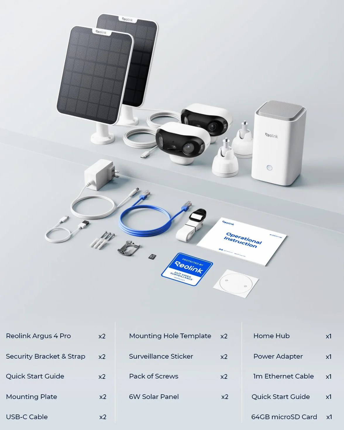 Reolink 4K Zestaw Bezprzewodowej Kamery Zewnętrznej z Bateria, Home Hub, 2 Kamery Argus 4 Pro z Panelem Słonecznym, Noktowizor ColorX, Widok 180°, Wi-Fi 6, Nagrania Lokalne, Brak Kosztów Miesięcznych