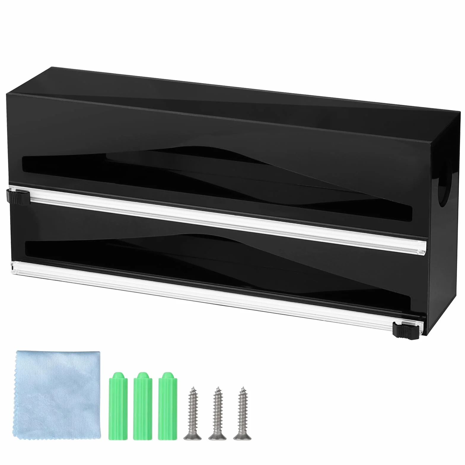 DBREAKS Akrylowy dozownik folii spożywczej, czarny dozownik folii spożywczej, aluminiowy organizer papieru, krajalnica do folii spożywczej do szuflady kuchennej