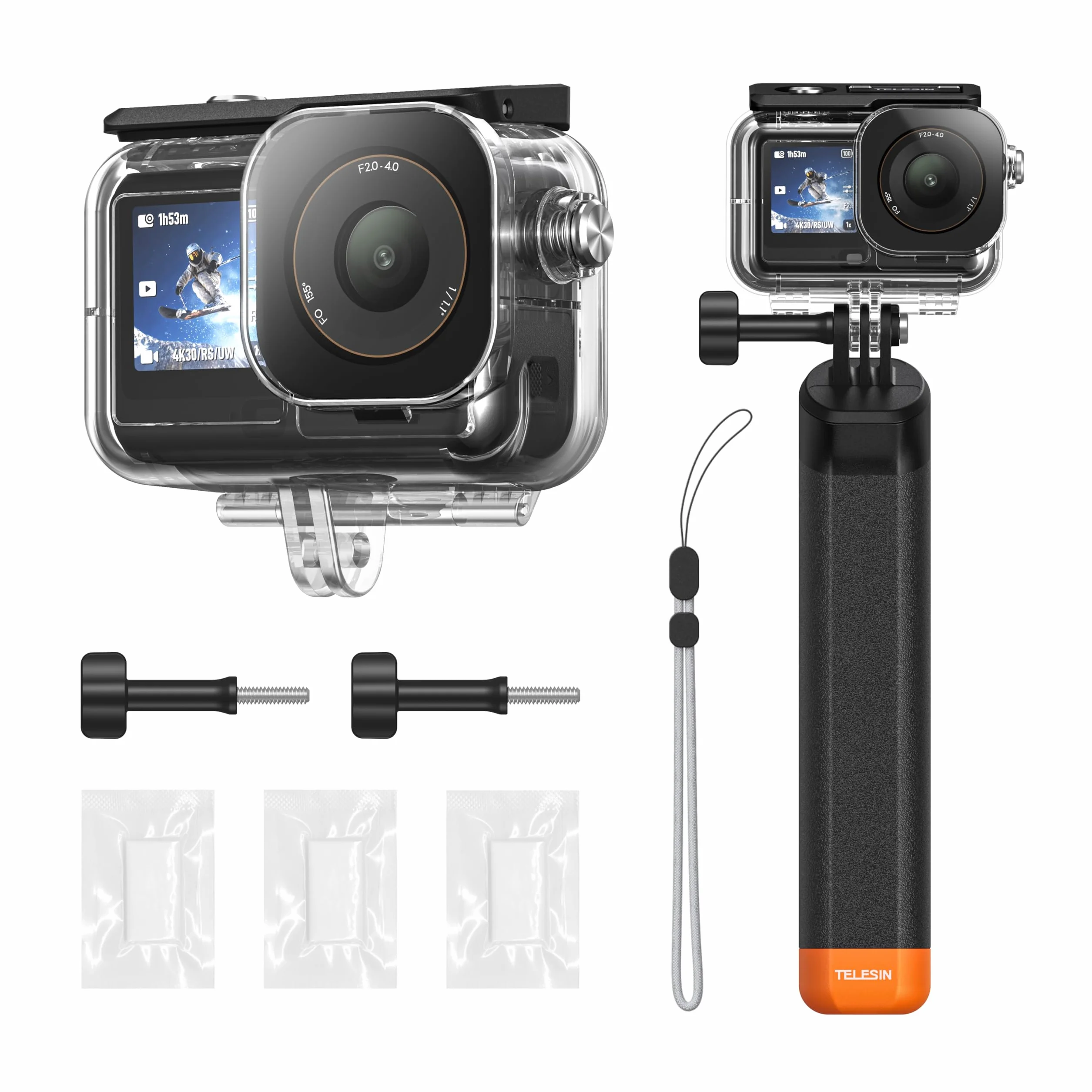 TELESIN wodoszczelny zestaw futerałek dla DJI Action 5/4/3, podwodne etui z pływającym kijem do selfie i szybkozłączem, odporne na zanurzenie do 45M na snorkeling i nurkowanie, akcesoria do Action 5/4