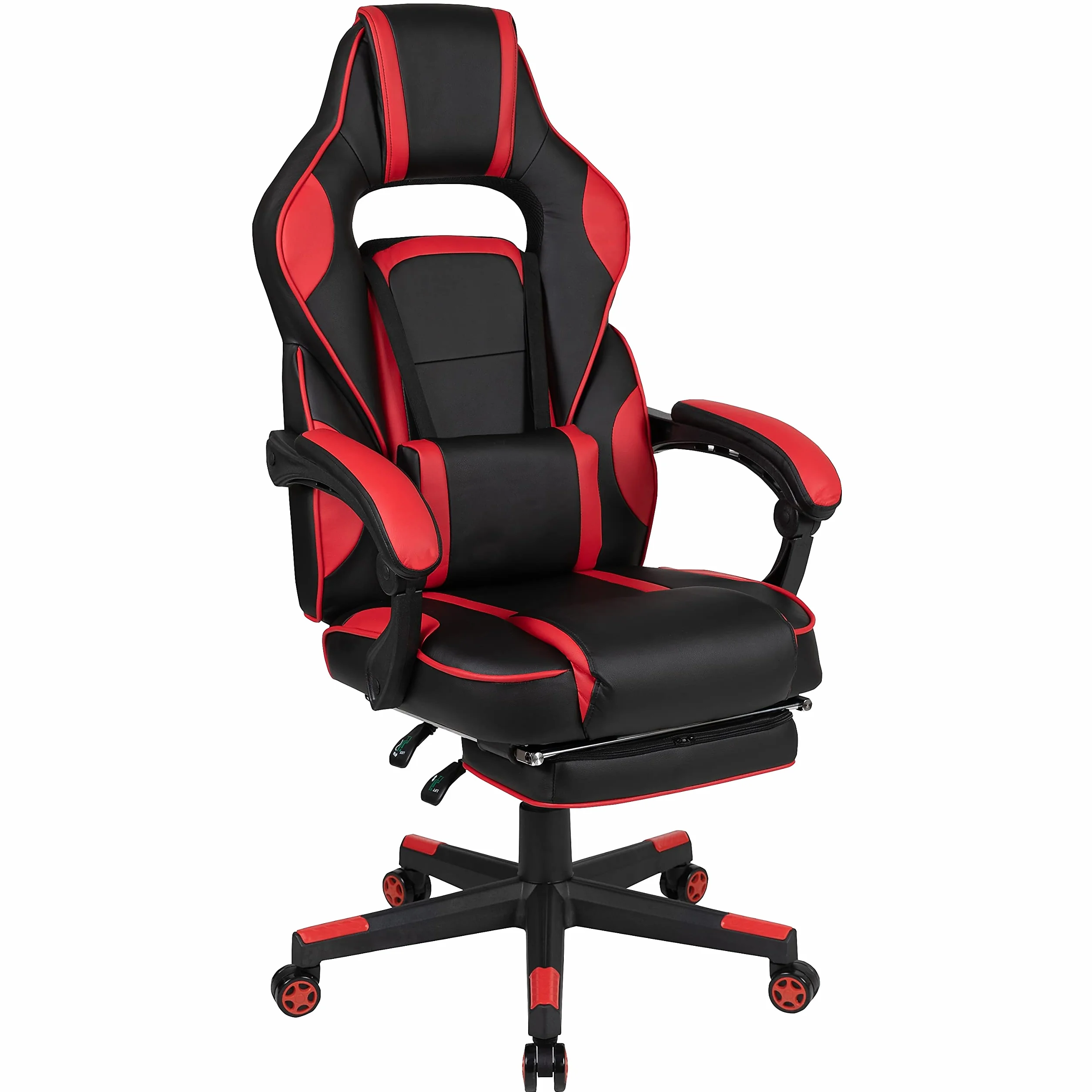 Flash Furniture X40 fotel gamingowy, ergonomiczne krzesło komputerowe z całkowicie odchylanymi oparciem/ramionami, wysuwanym podnóżkiem, masującym lędźwiowym - czerwony