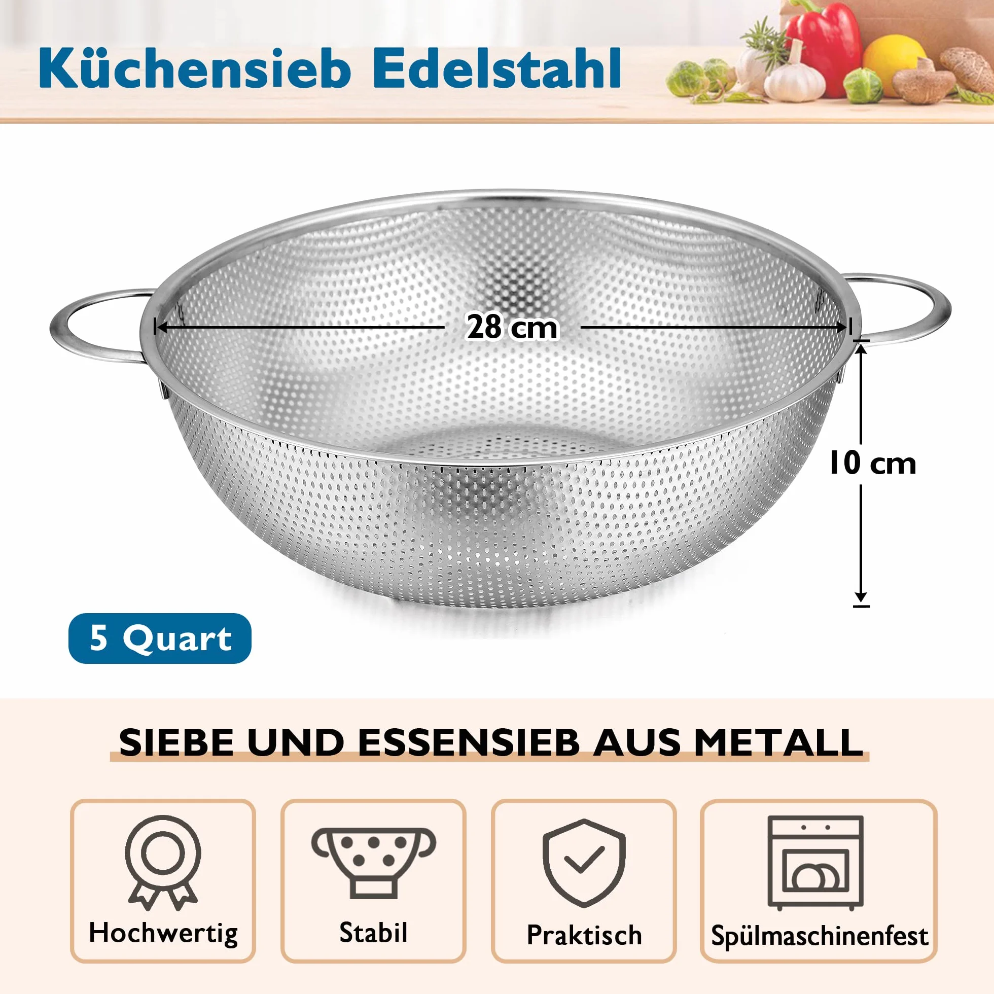 Herogo durszlak 28 cm, sitko kuchenne ze stali nierdzewnej z uchwytem, sitko do makaronu z mikroperforowanym ociekaczem do opróżniania i płukania warzyw/owoców/makaronu