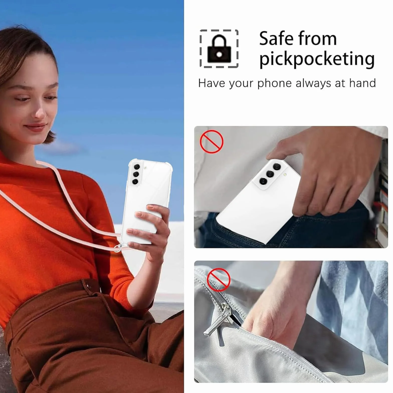 Xylota Etui ze smyczą do Samsung Galaxy S21 FE, przezroczyste etui ze smyczą regulowany pasek na ramię łańcuszek na ramię, silikon TPU + PC odporny na wstrząsy odporny na zarysowania futerał ochronny
